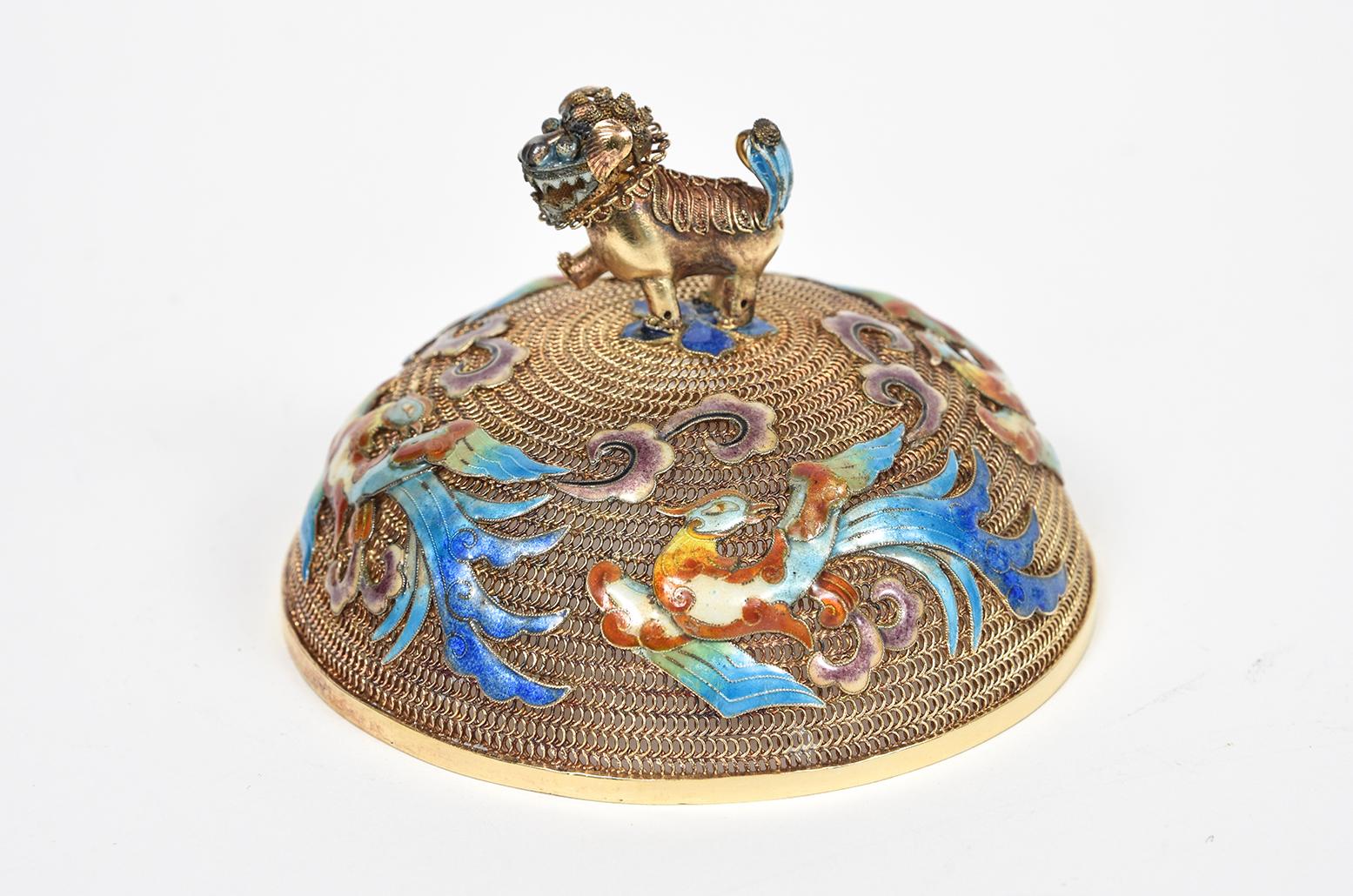 Incensiere cinese dorato in argento sterling filigranato con smalto Jewell in vendita 3