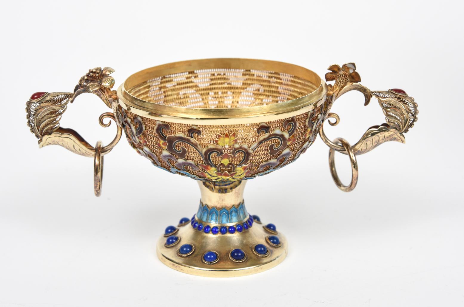 Incensiere cinese dorato in argento sterling filigranato con smalto Jewell in vendita 4