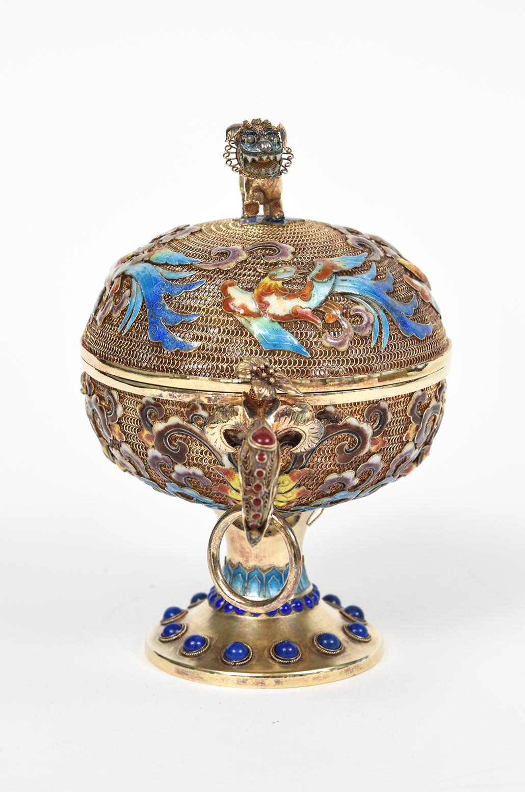 Smaltato Incensiere cinese dorato in argento sterling filigranato con smalto Jewell in vendita