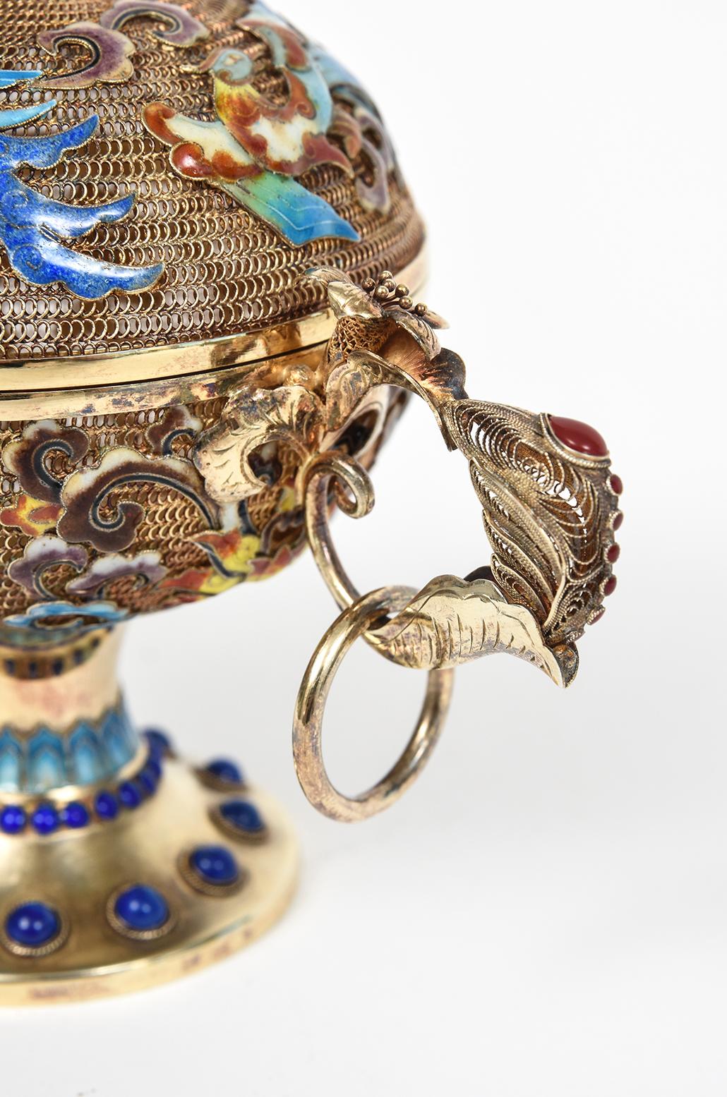 Incensiere cinese dorato in argento sterling filigranato con smalto Jewell In condizioni ottime in vendita a Miami Beach, FL