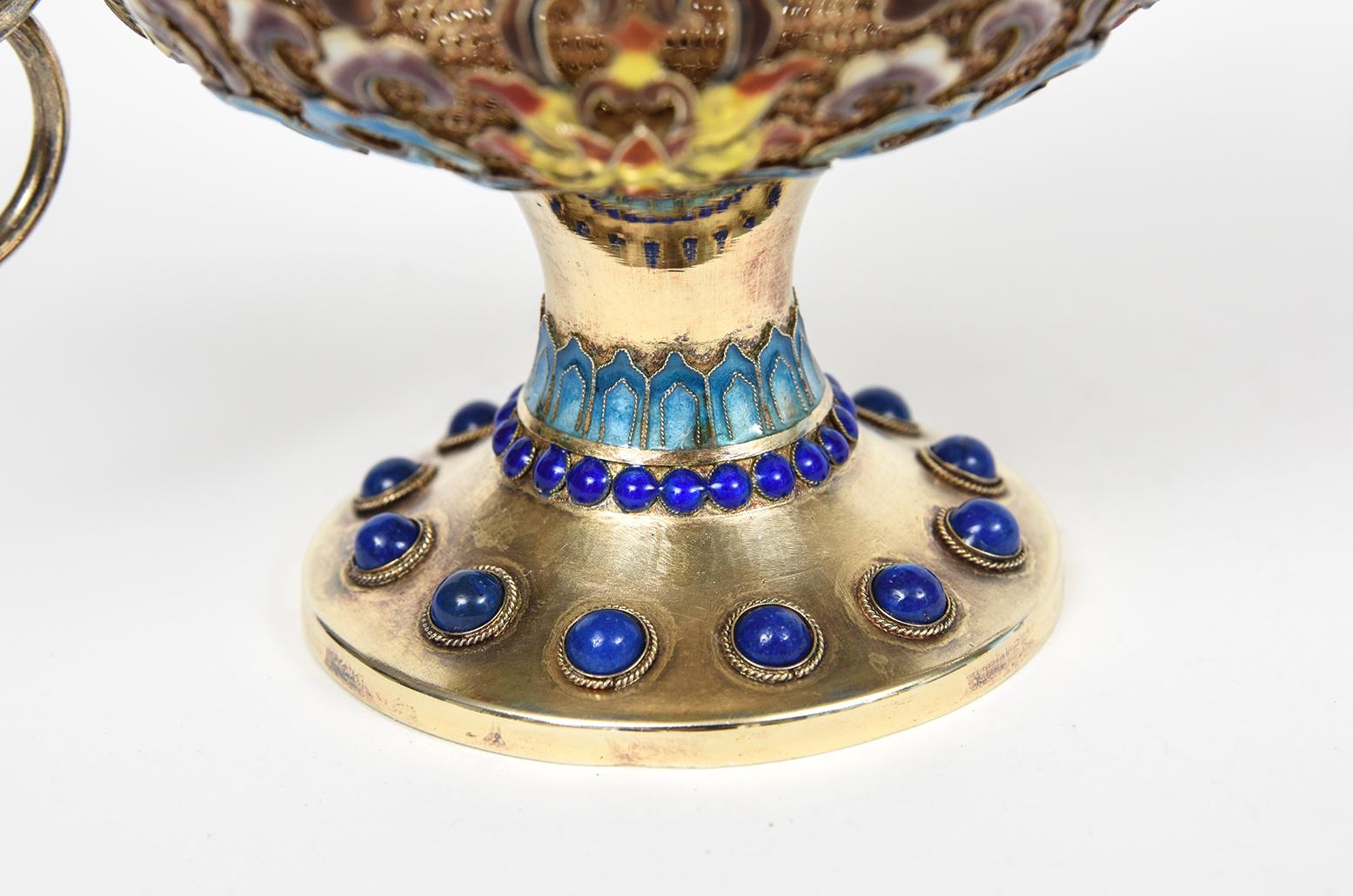 Argento 925 Incensiere cinese dorato in argento sterling filigranato con smalto Jewell in vendita