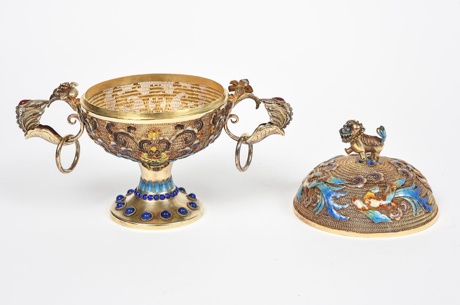 Incensiere cinese dorato in argento sterling filigranato con smalto Jewell in vendita 2