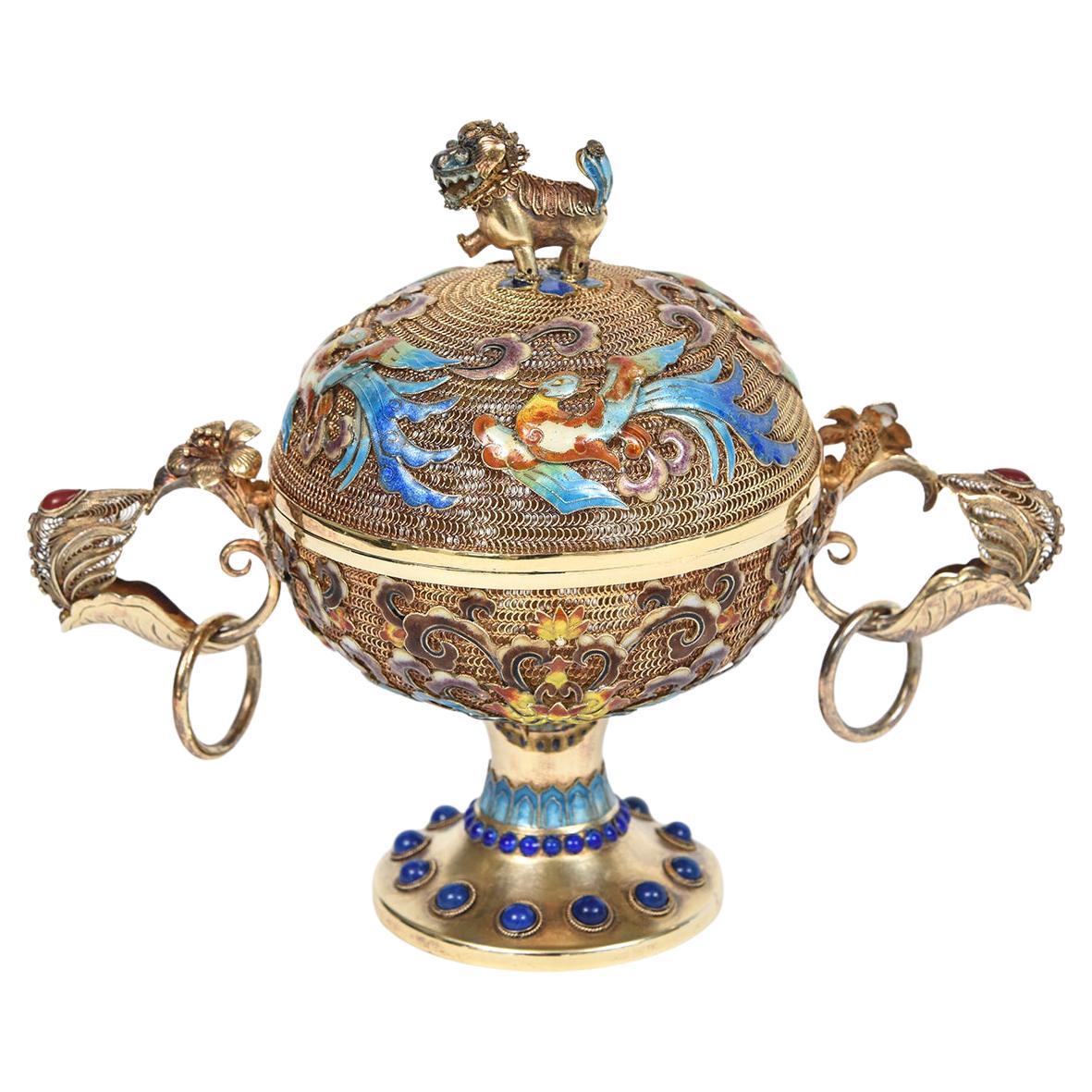 Incensiere cinese dorato in argento sterling filigranato con smalto Jewell in vendita
