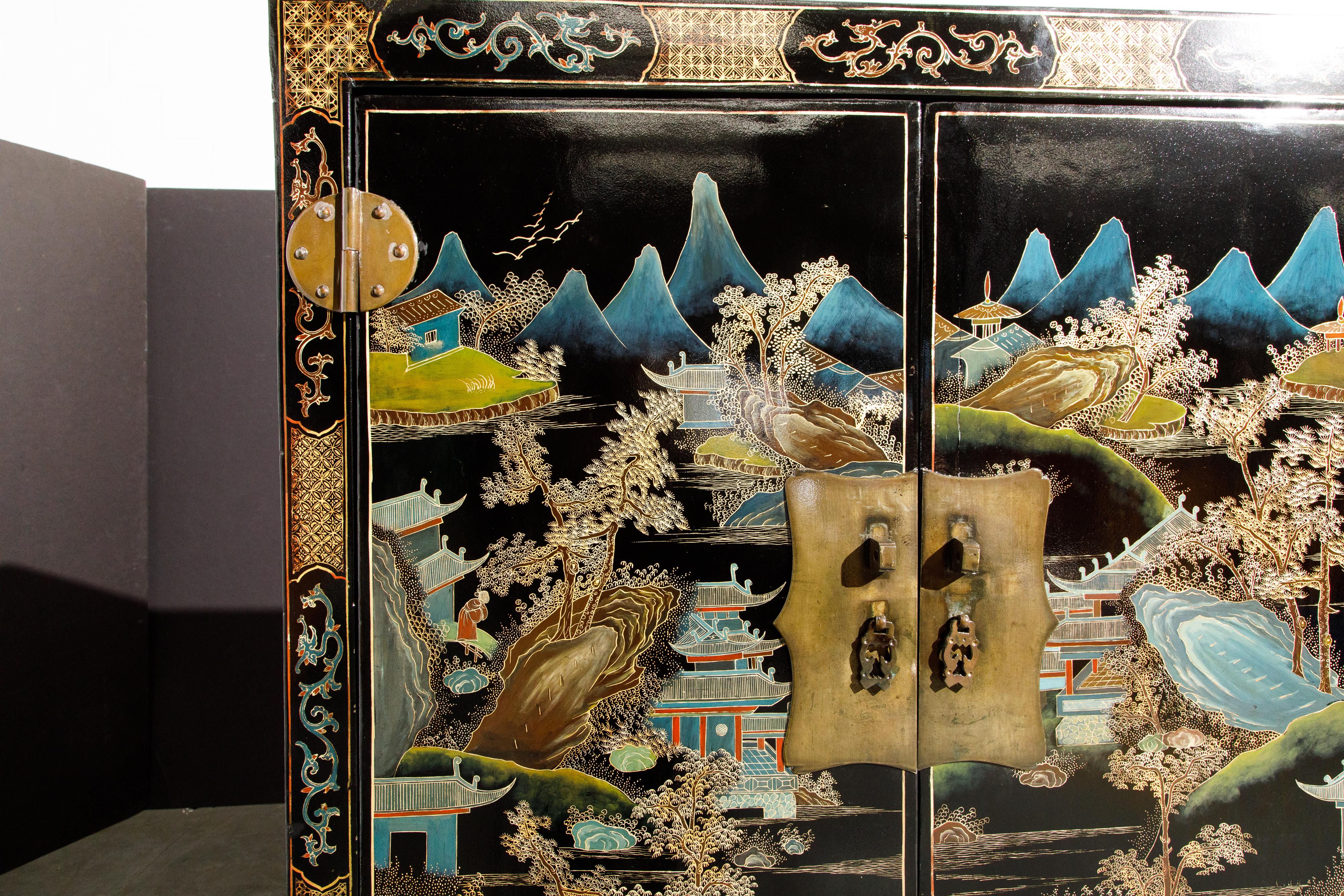 Chinese Gilt and Black Lacquer Chinoiserie Painted Cabinet with Bronze Hardware 6