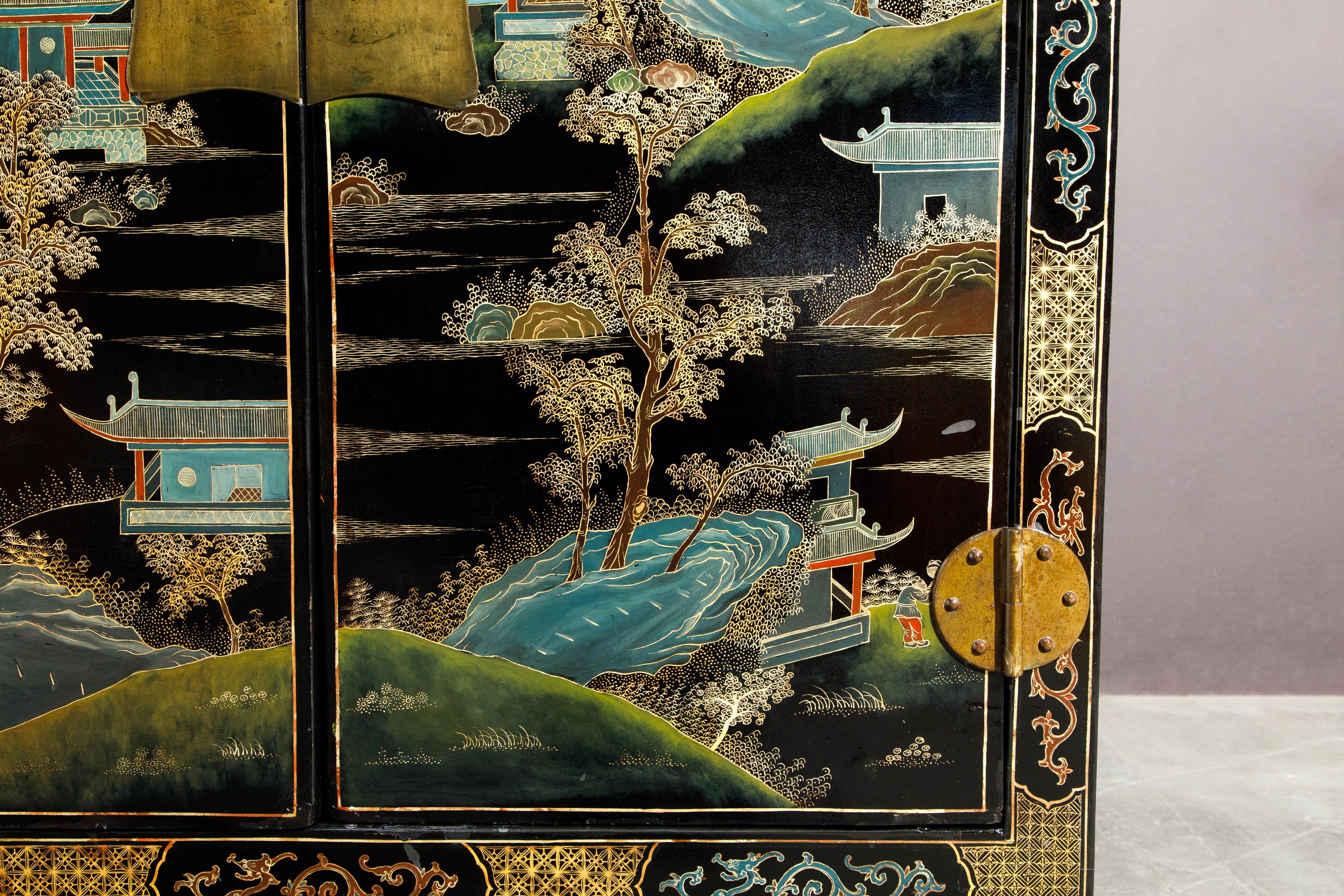 Chinese Gilt and Black Lacquer Chinoiserie Painted Cabinet with Bronze Hardware 8