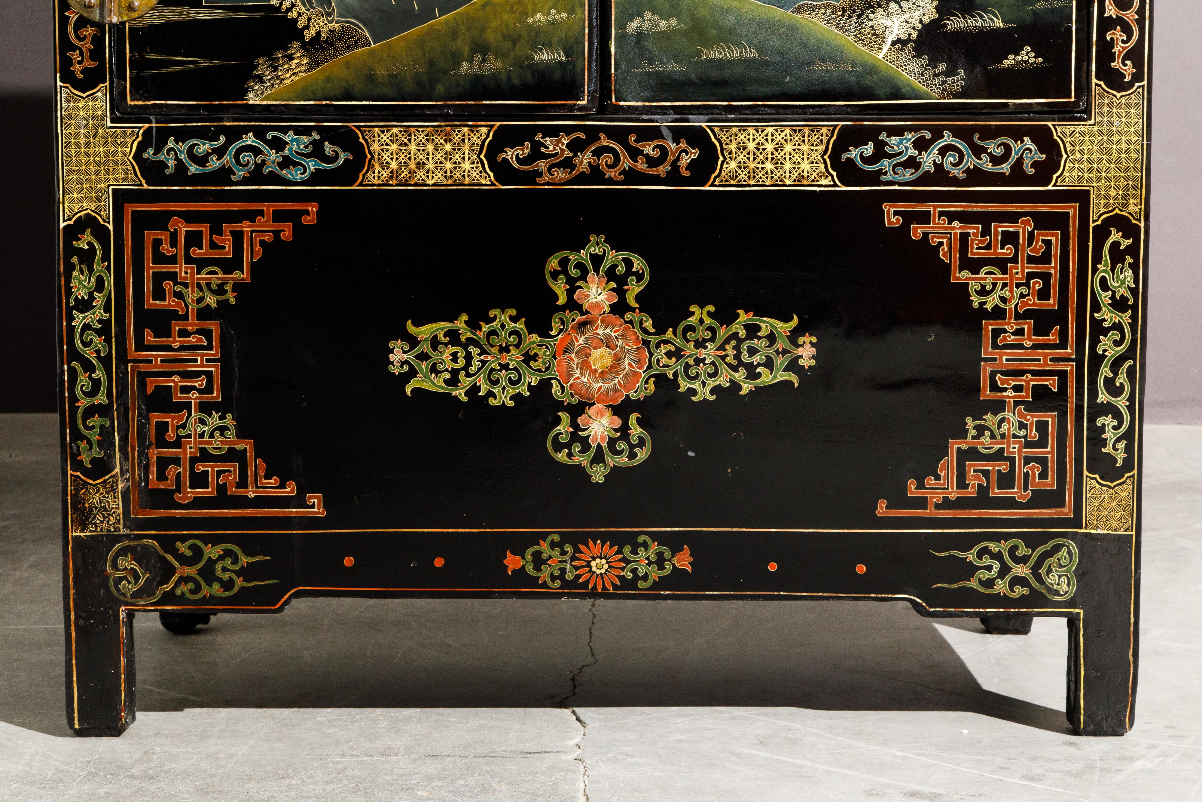 Chinese Gilt and Black Lacquer Chinoiserie Painted Cabinet with Bronze Hardware 9