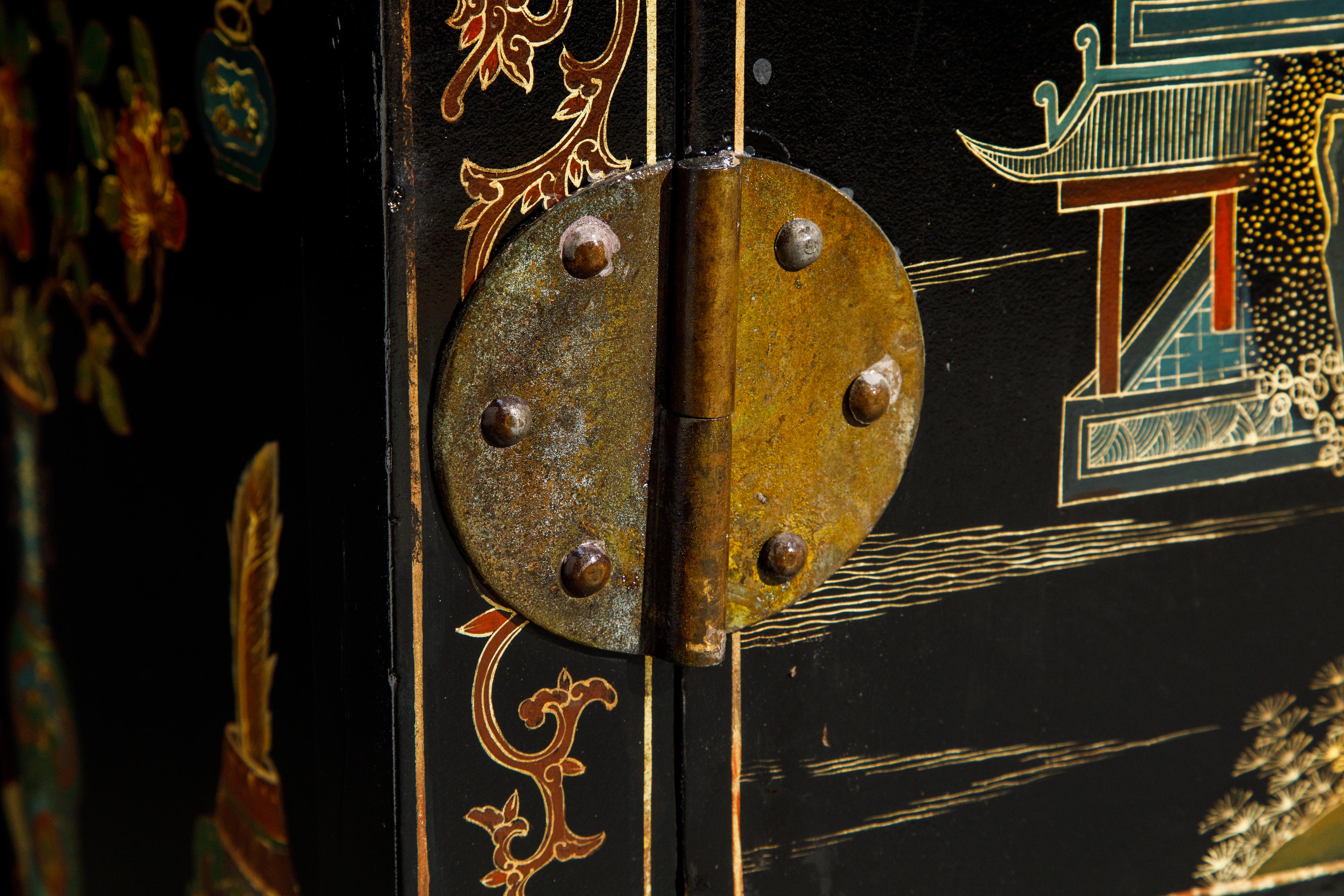 Chinese Gilt and Black Lacquer Chinoiserie Painted Cabinet with Bronze Hardware 10