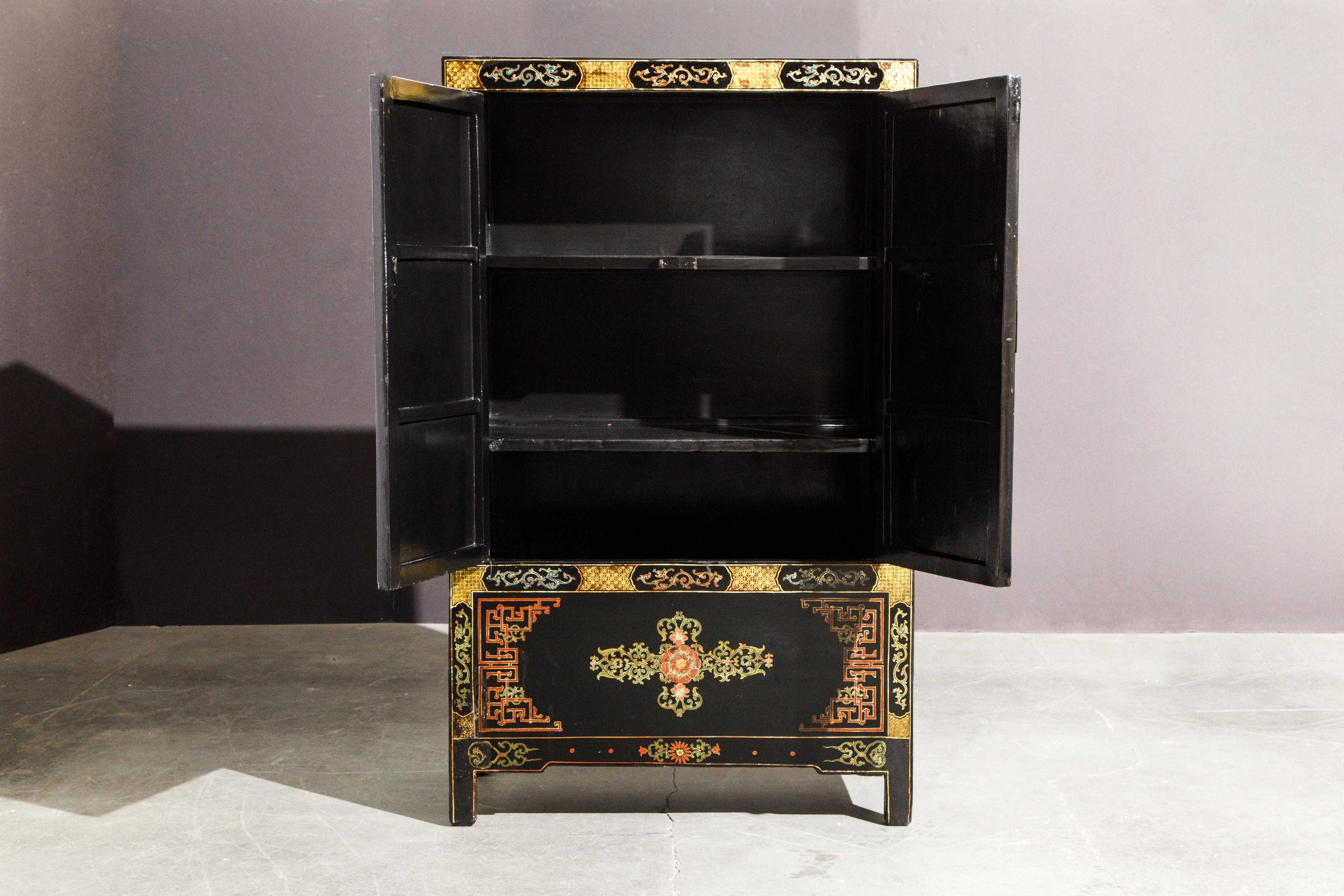 Chinese Gilt and Black Lacquer Chinoiserie Painted Cabinet with Bronze Hardware 11