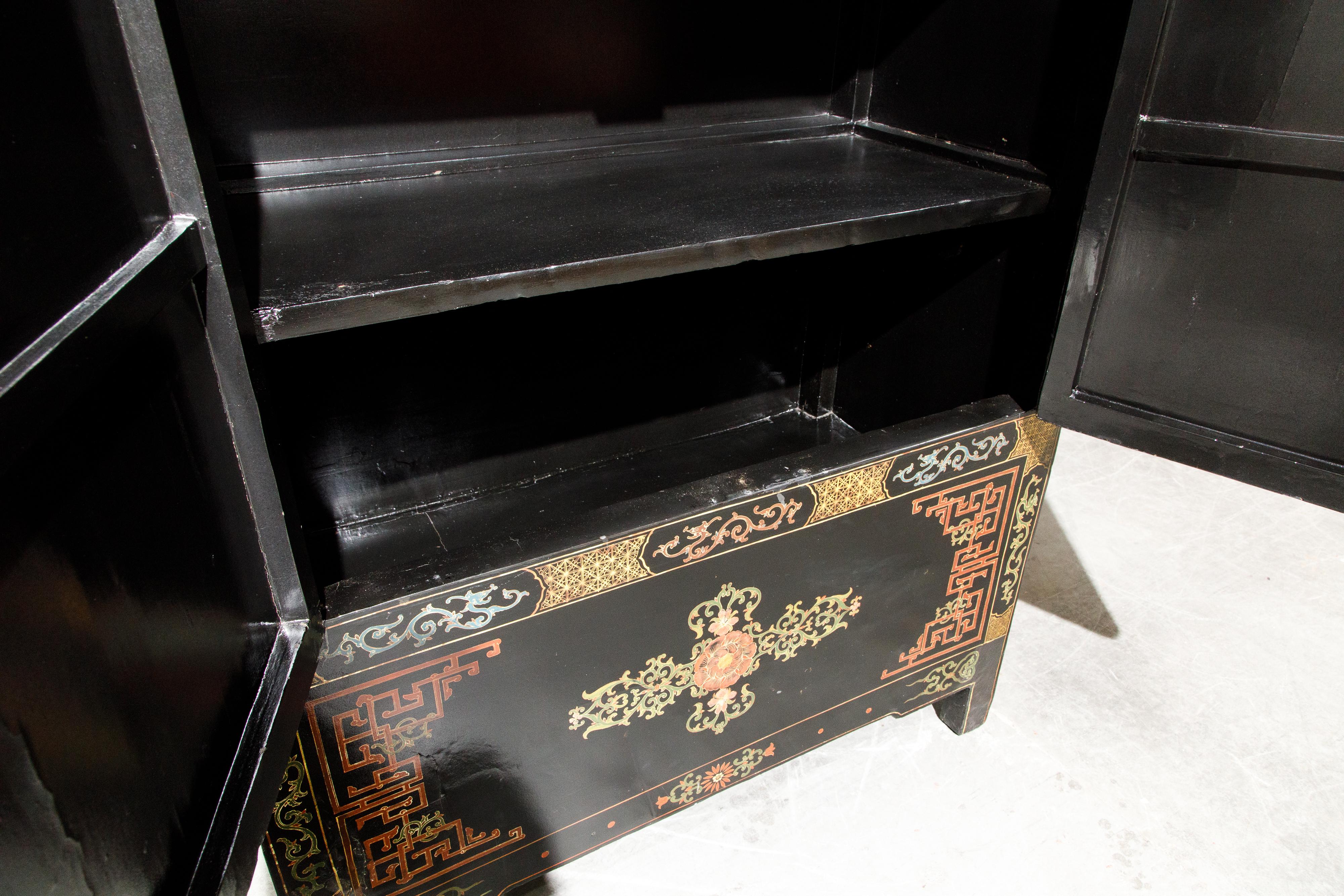 Chinese Gilt and Black Lacquer Chinoiserie Painted Cabinet with Bronze Hardware 13