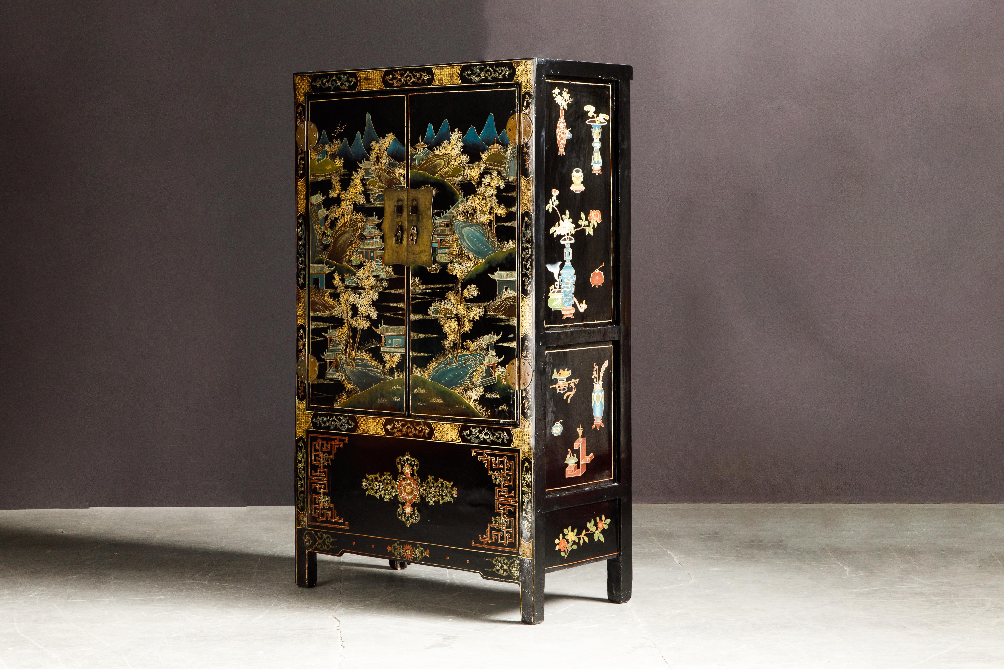 Qing Chinese Gilt and Black Lacquer Chinoiserie Painted Cabinet with Bronze Hardware