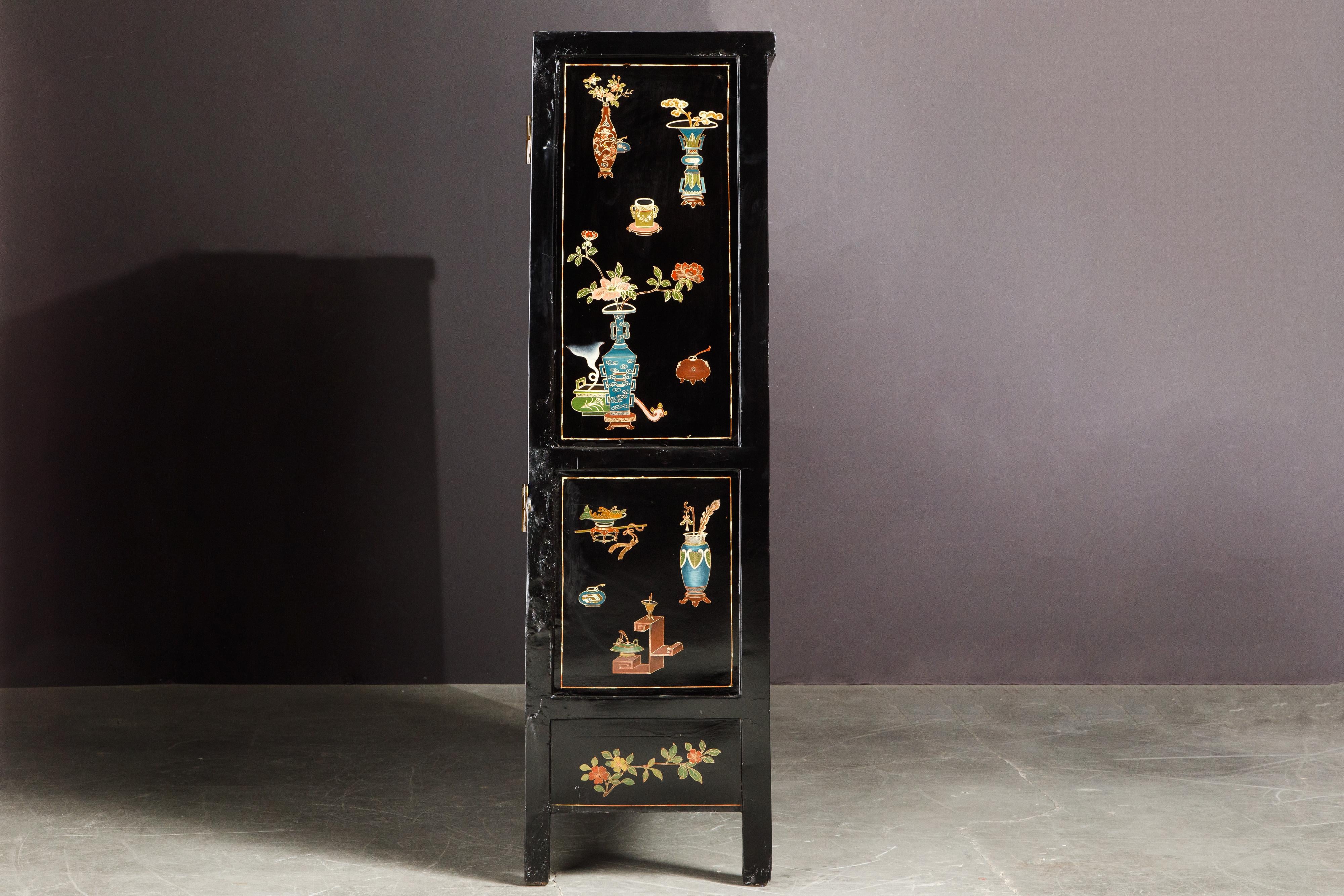 Chinese Gilt and Black Lacquer Chinoiserie Painted Cabinet with Bronze Hardware In Good Condition In Los Angeles, CA