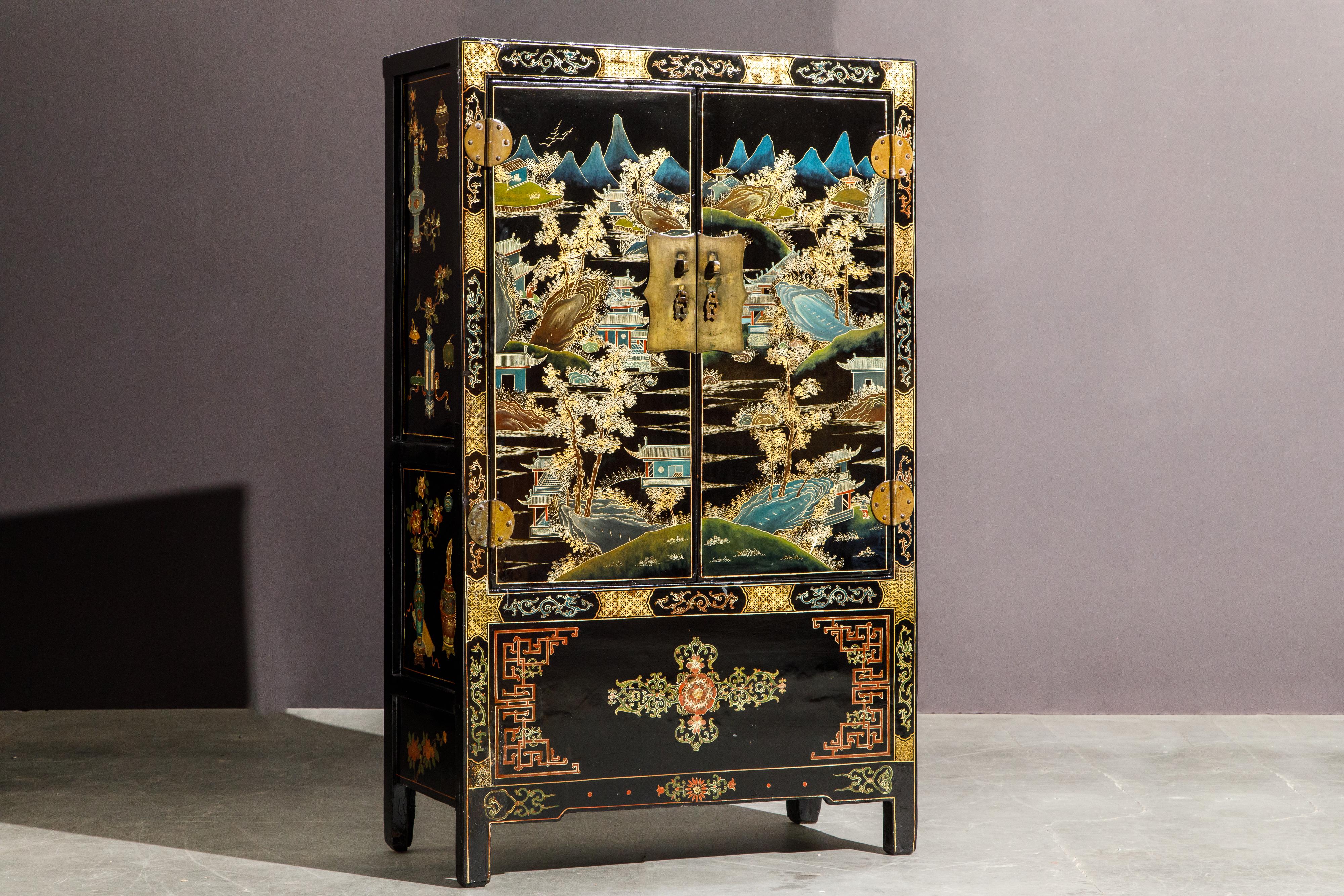 19th Century Chinese Gilt and Black Lacquer Chinoiserie Painted Cabinet with Bronze Hardware