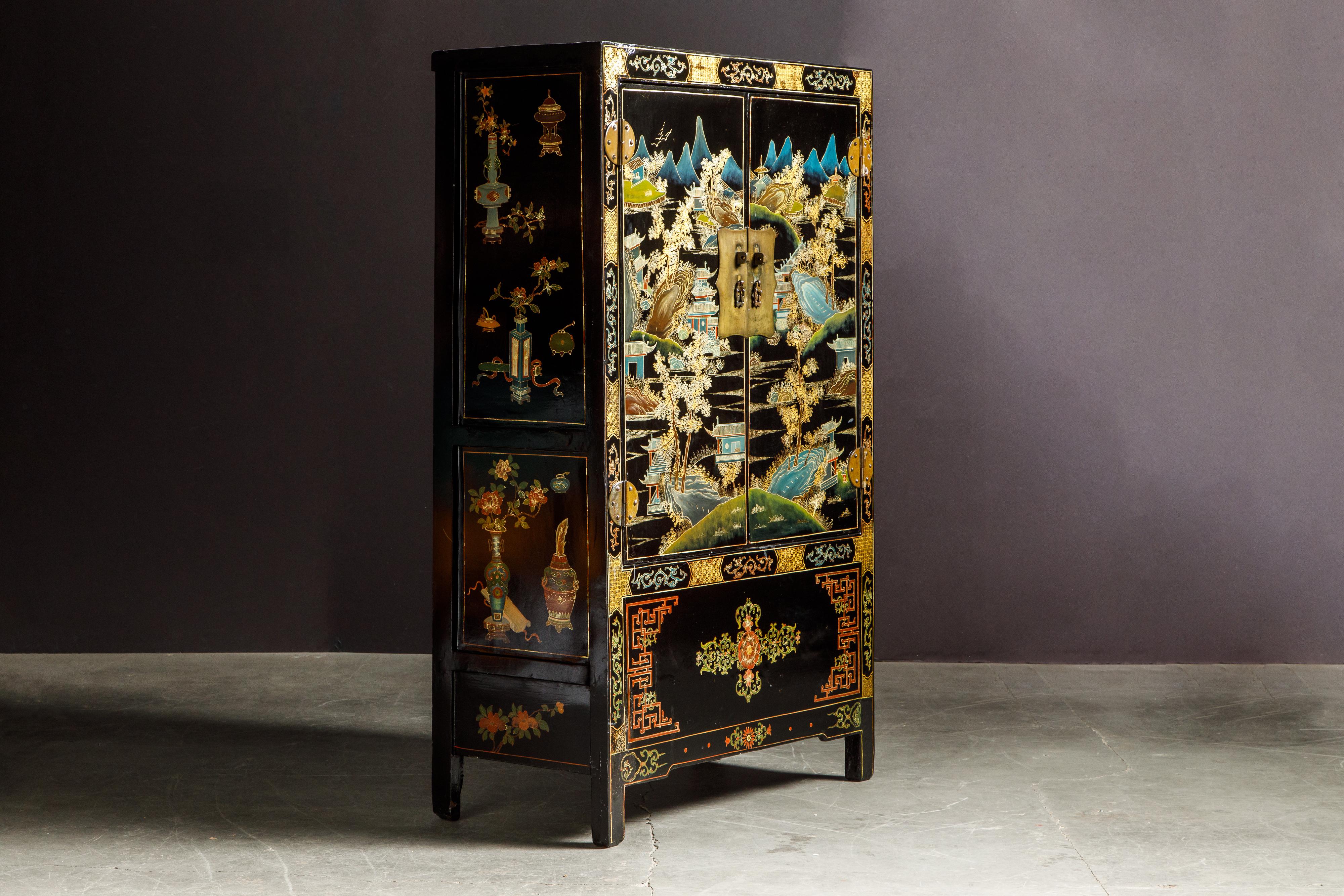 Wood Chinese Gilt and Black Lacquer Chinoiserie Painted Cabinet with Bronze Hardware