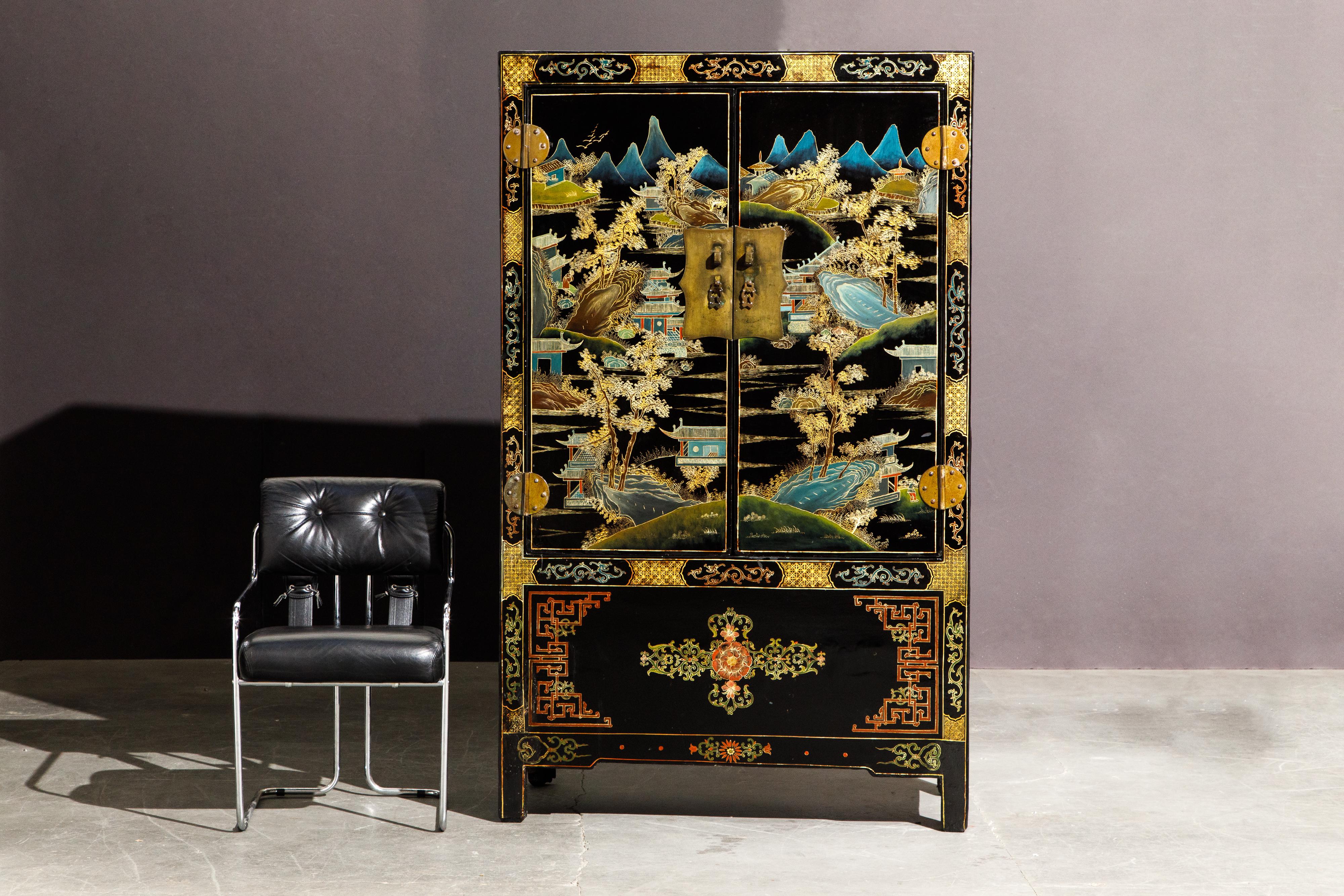 Chinese Gilt and Black Lacquer Chinoiserie Painted Cabinet with Bronze Hardware 1