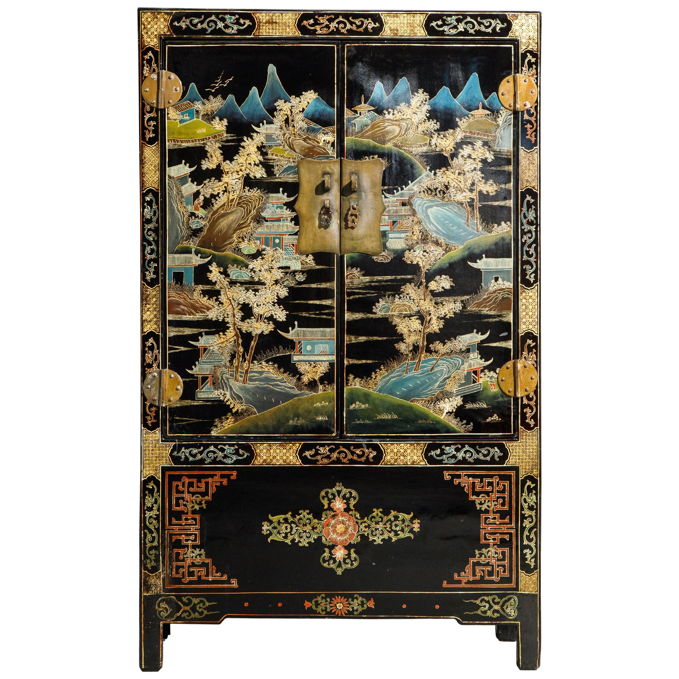 Chinese Gilt and Black Lacquer Chinoiserie Painted Cabinet with Bronze Hardware