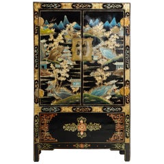 Antique Chinese Gilt and Black Lacquer Chinoiserie Painted Cabinet with Bronze Hardware