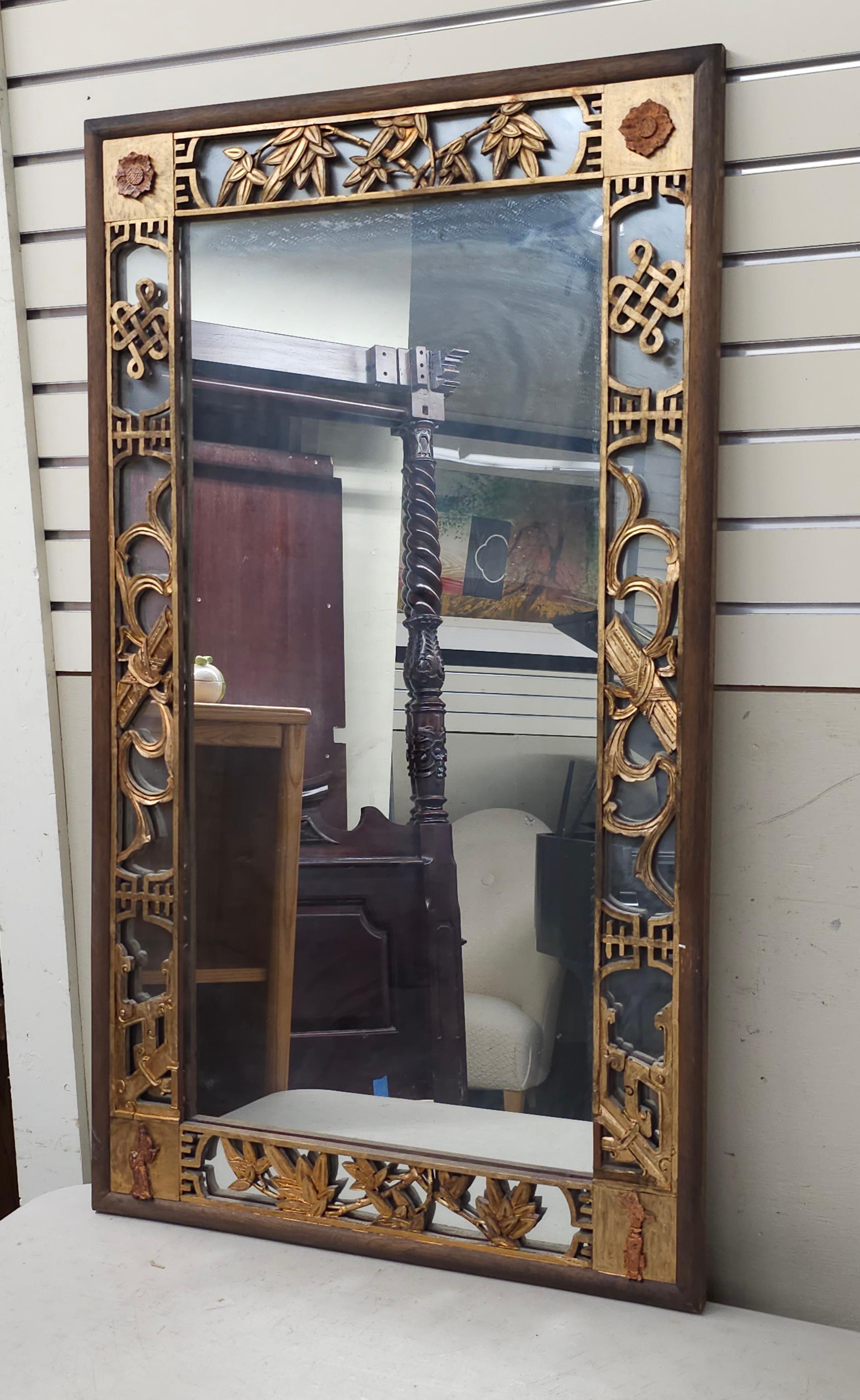 Chinoiserie Chinese Gilt And Rouge Lacquered Carved and Mirrored Frame Wall Mirror For Sale