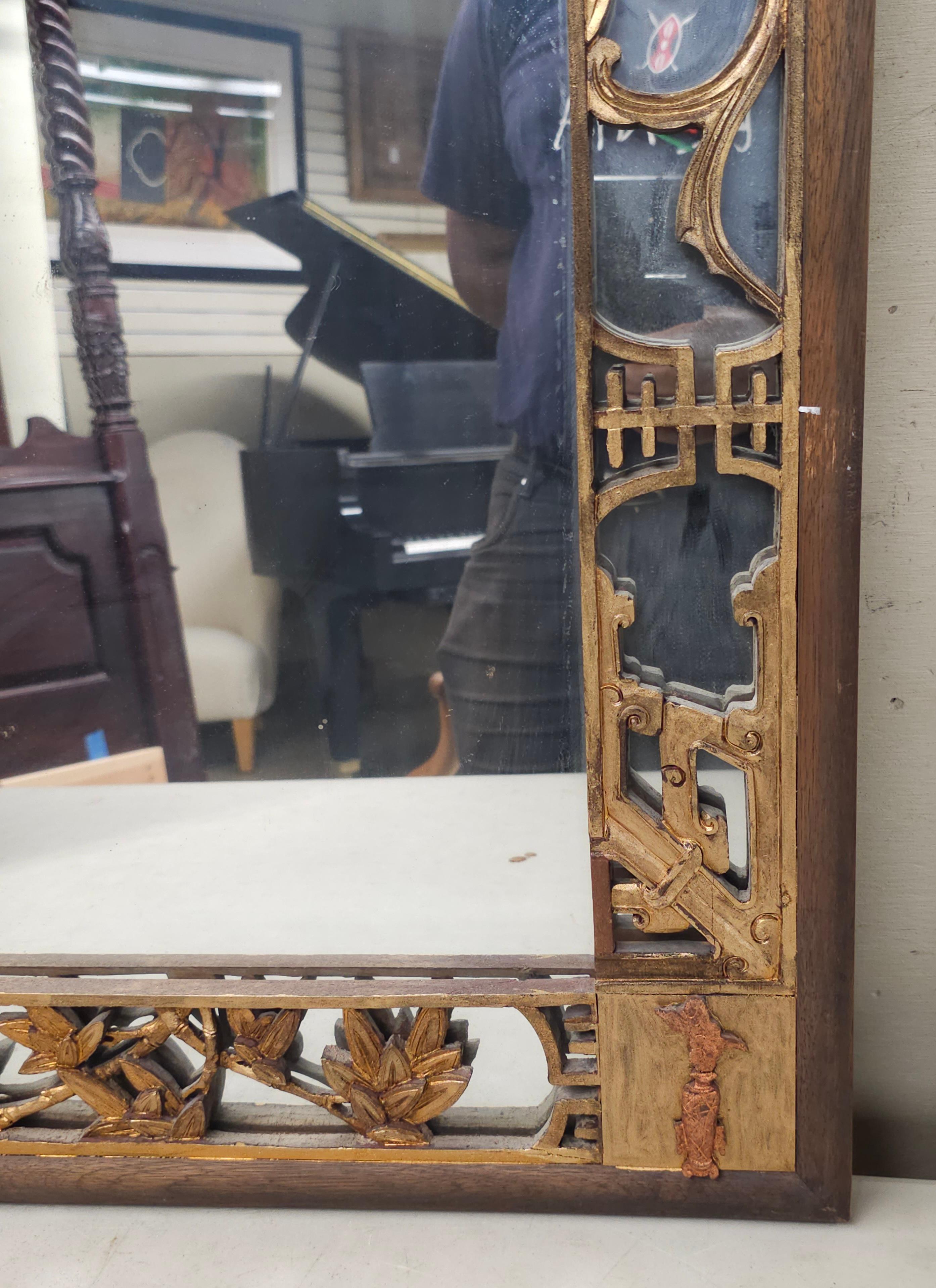 Hong Kong Chinese Gilt And Rouge Lacquered Carved and Mirrored Frame Wall Mirror For Sale