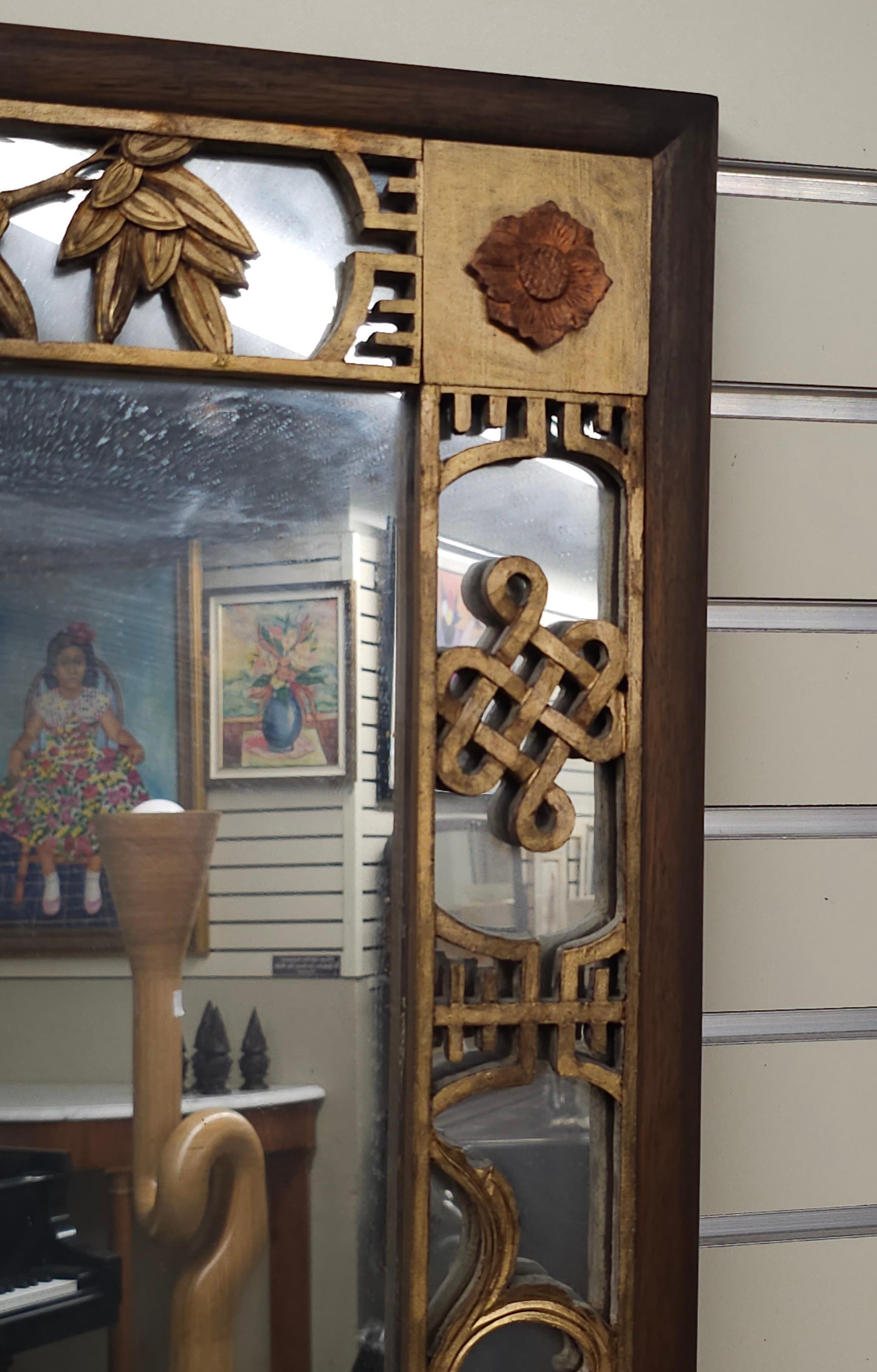 20th Century Chinese Gilt And Rouge Lacquered Carved and Mirrored Frame Wall Mirror For Sale