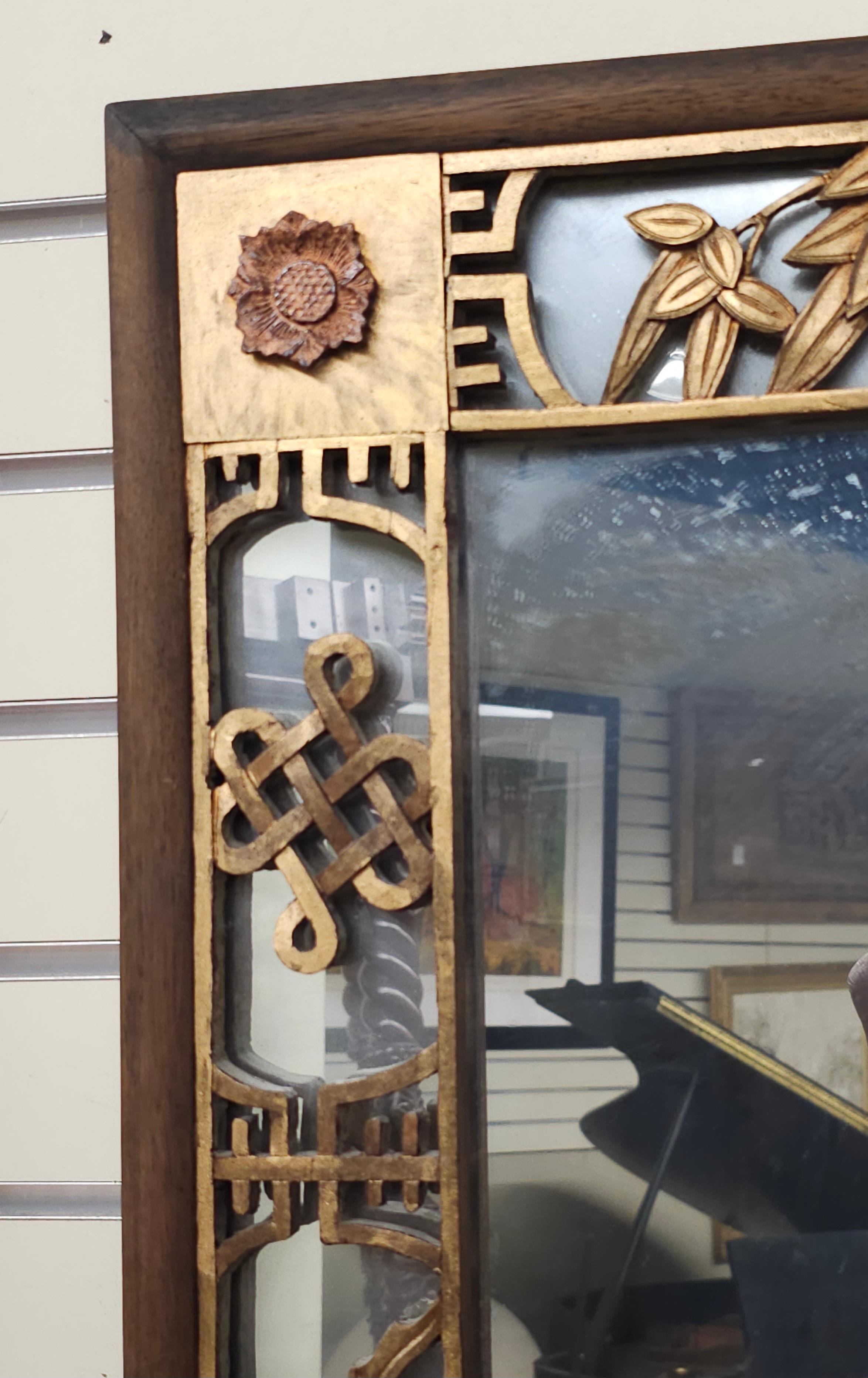 Wood Chinese Gilt And Rouge Lacquered Carved and Mirrored Frame Wall Mirror
