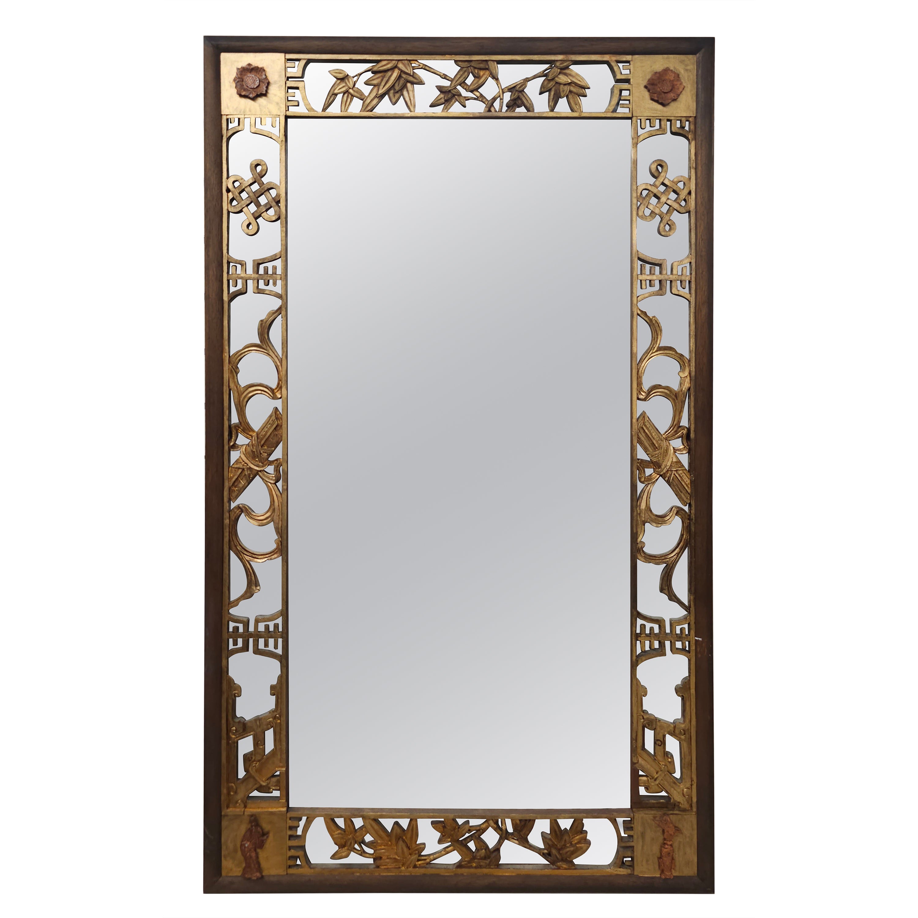Chinese Gilt And Rouge Lacquered Carved and Mirrored Frame Wall Mirror