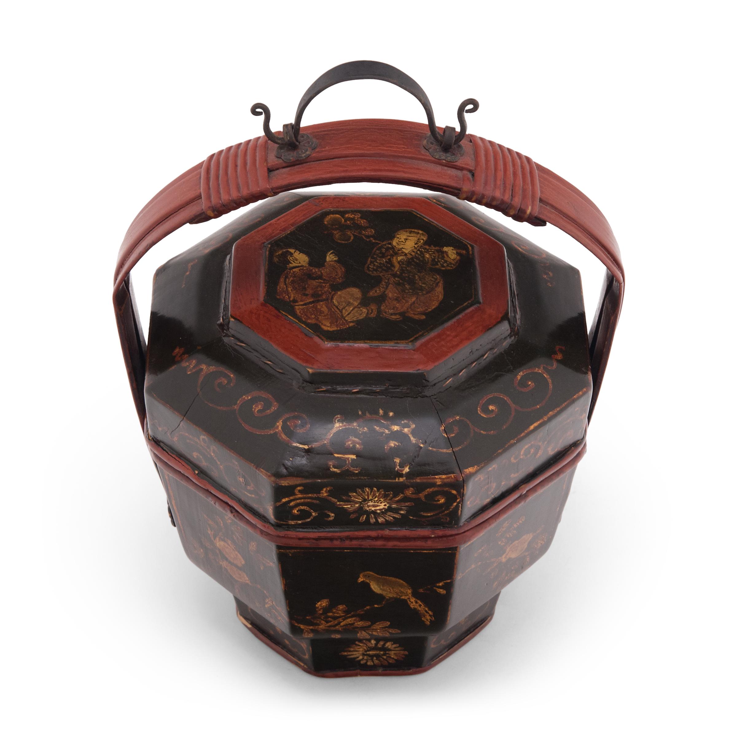 Wood Chinese Gilt Black Lacquer Carrying Box, c. 1900