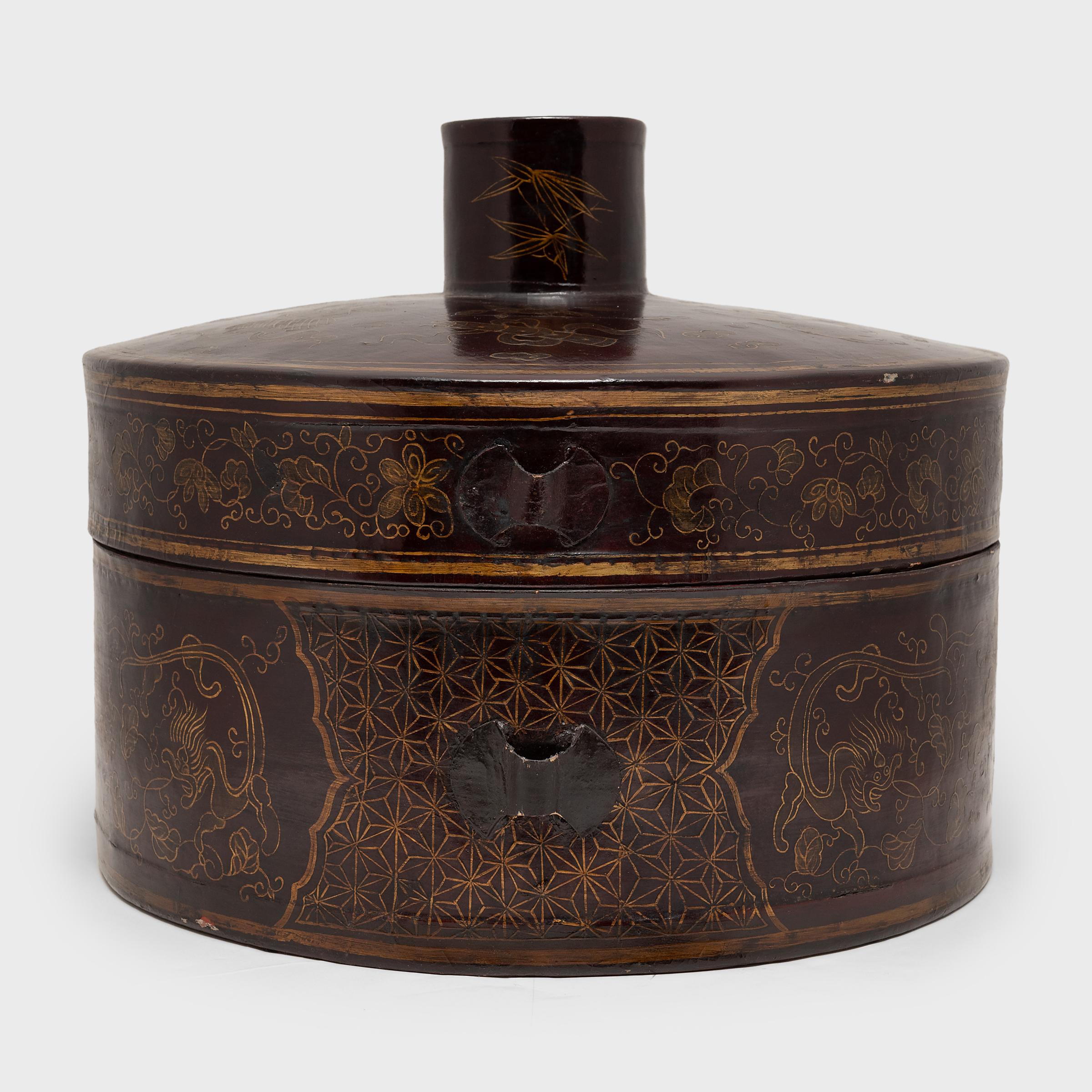 Qing Chinese Gilt Black Lacquer Hat Box, C. 1900