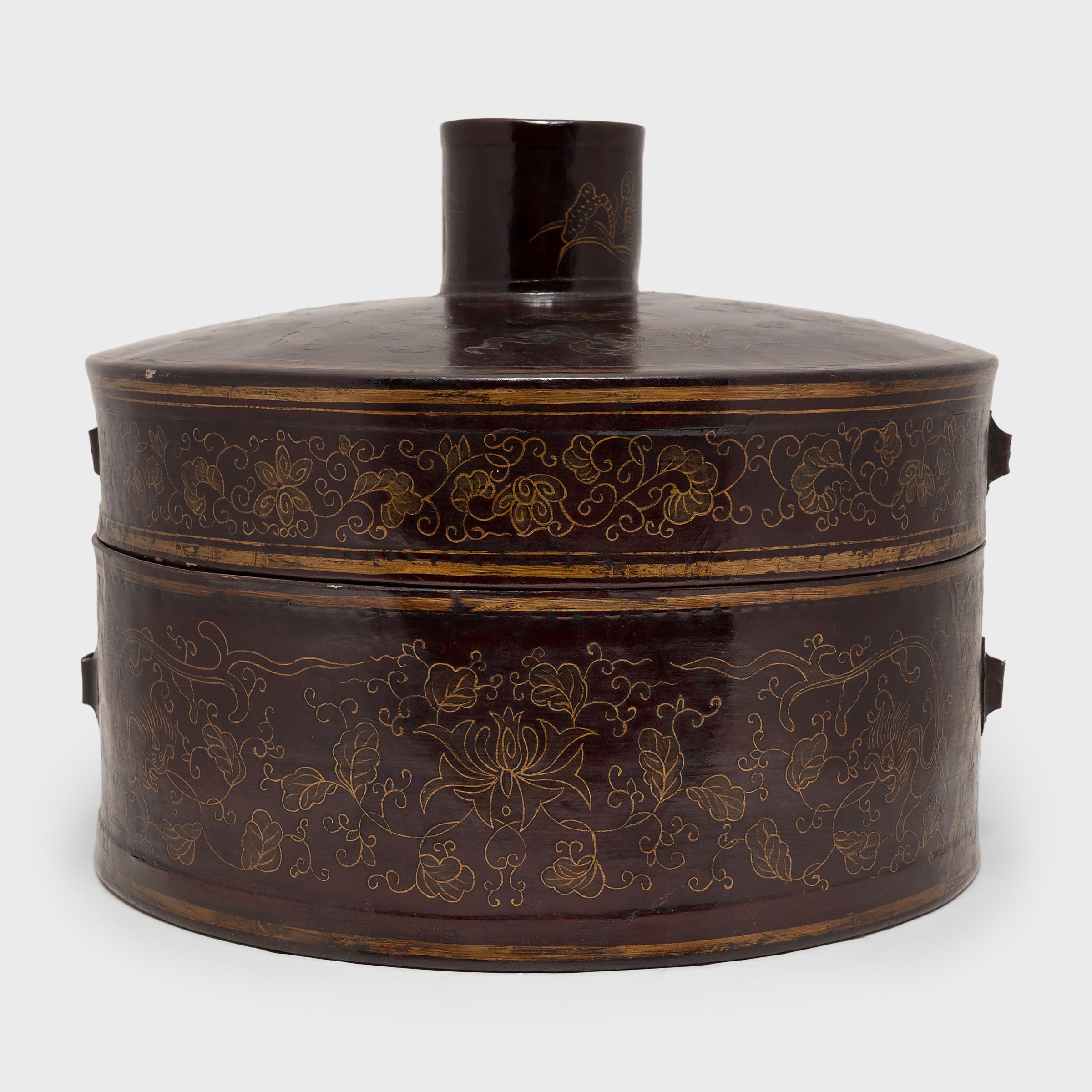 Lacquered Chinese Gilt Black Lacquer Hat Box, C. 1900