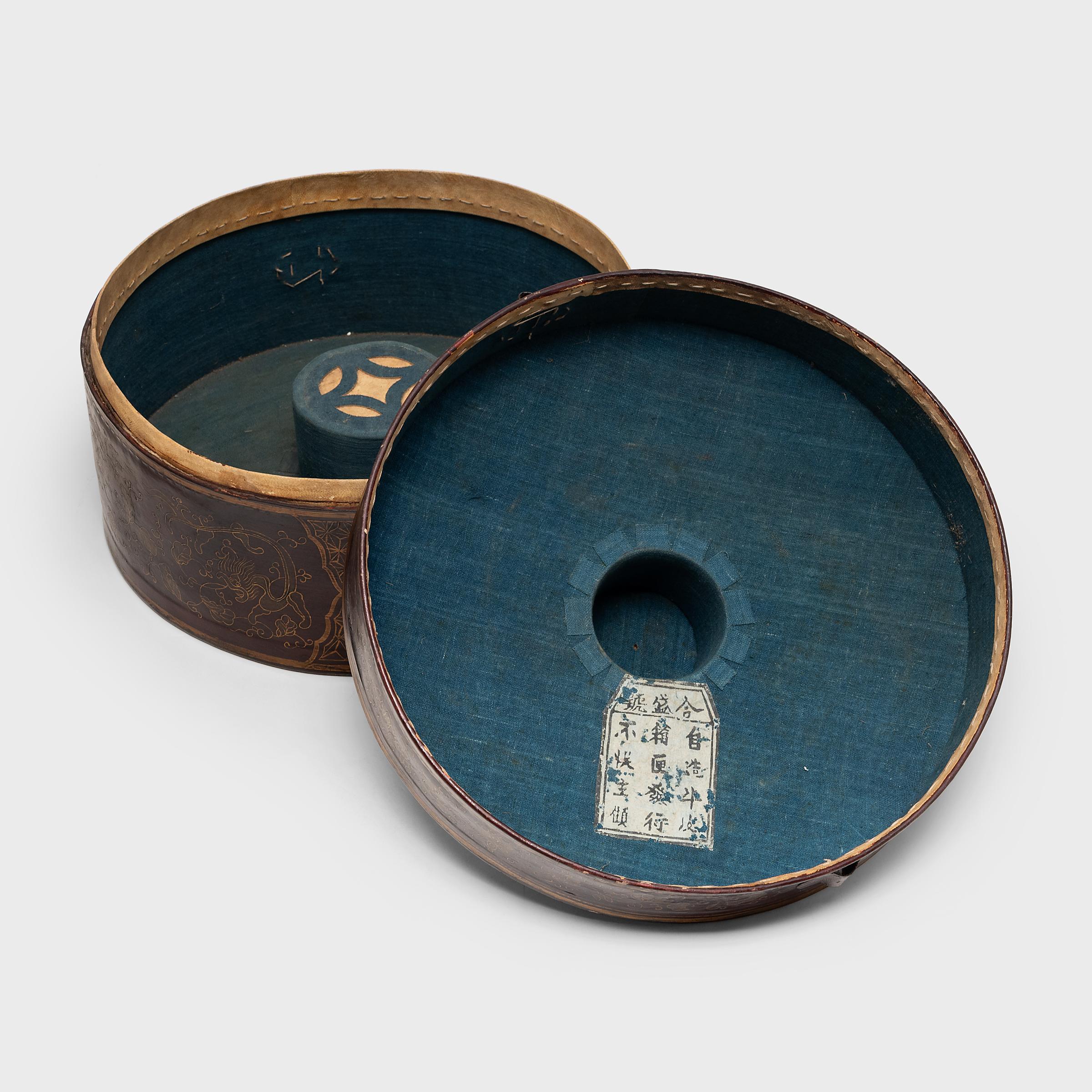 Hide Chinese Gilt Black Lacquer Hat Box, C. 1900