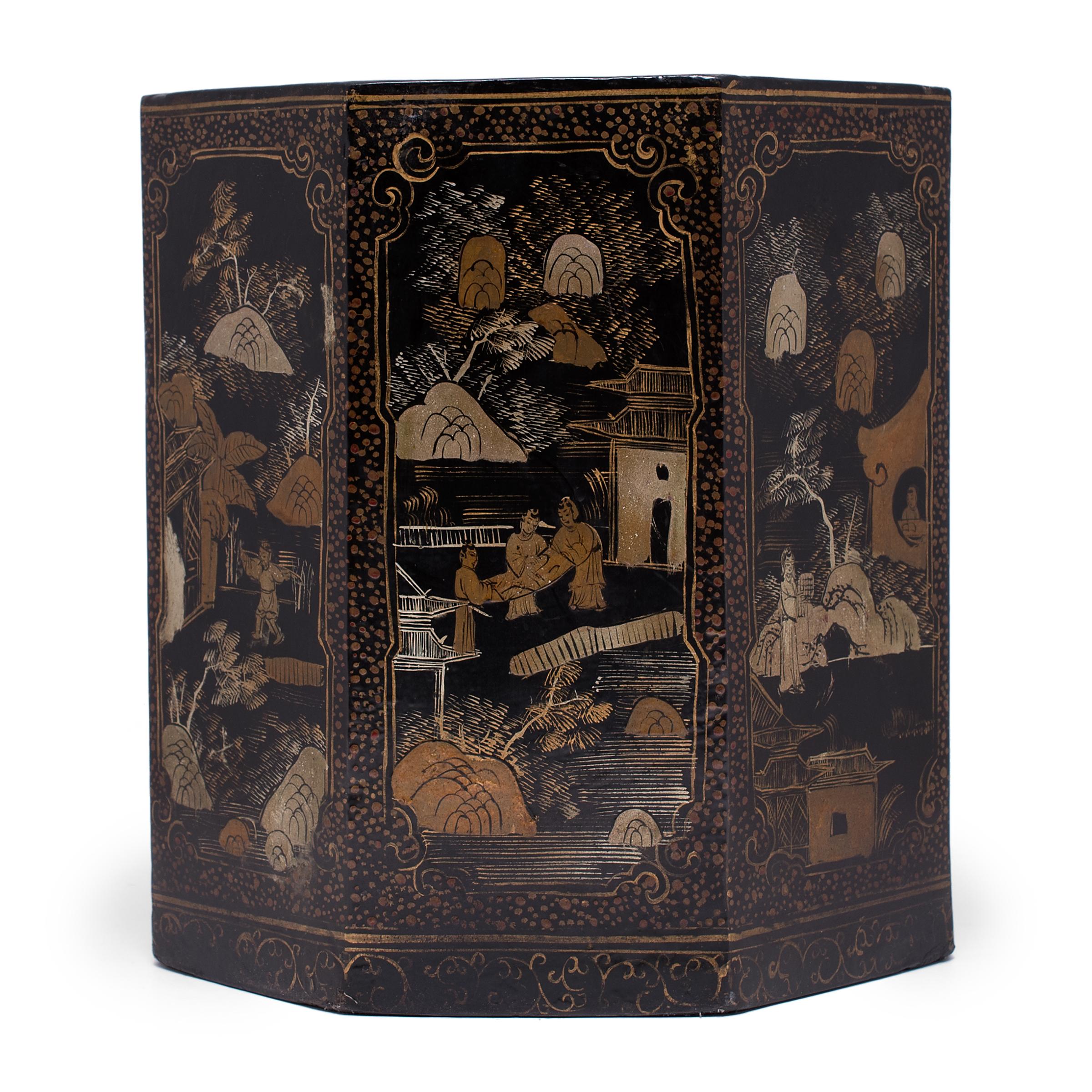Set alongside the four treasures of the study - the calligraphy brush, ink, paper, and inkstone - the scroll pot was a fixture of every traditional scholar’s studio. Used to hold calligraphy scrolls, this lacquered container is beautifully decorated
