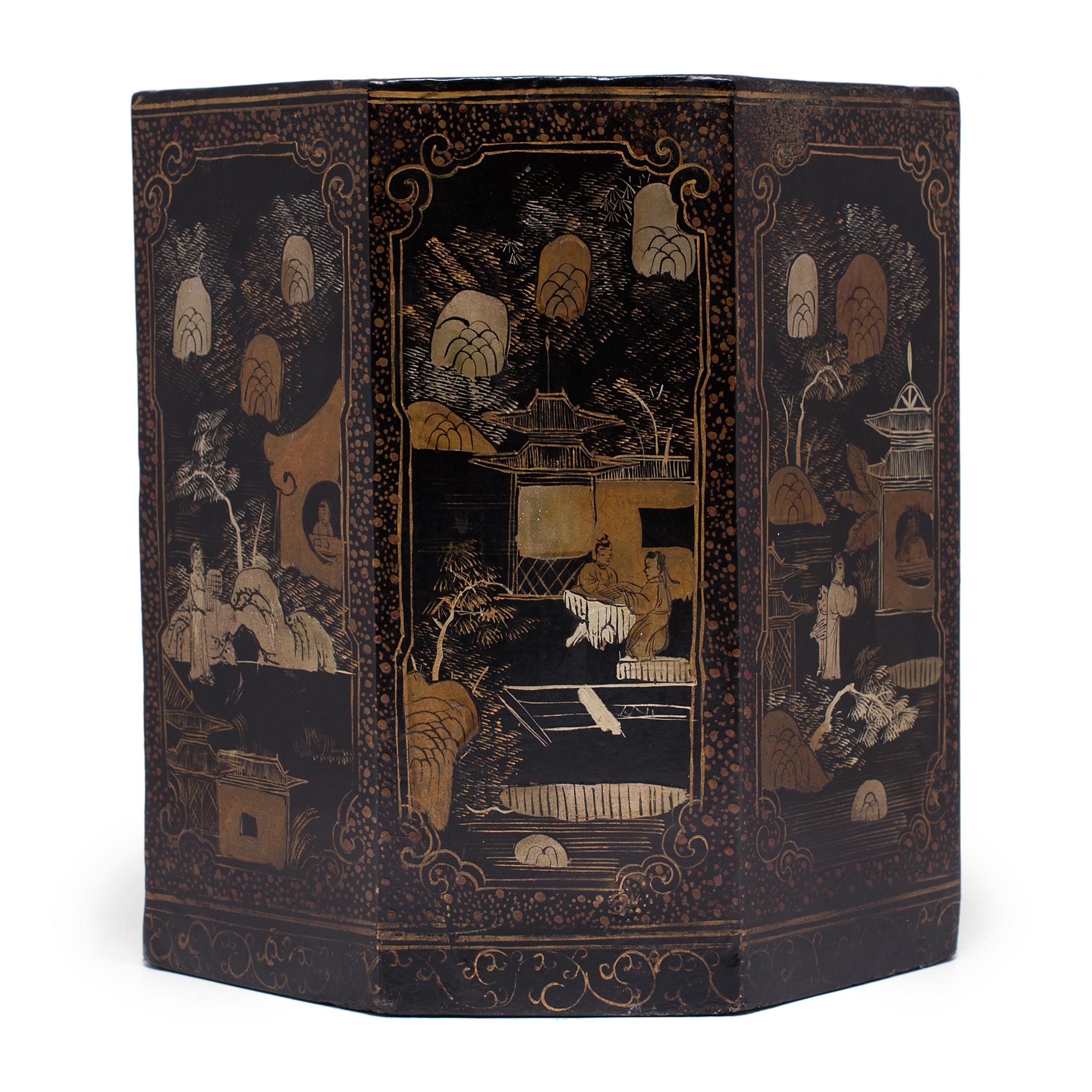 Lacquered Chinese Gilt Black Lacquer Scroll Pot, c. 1930