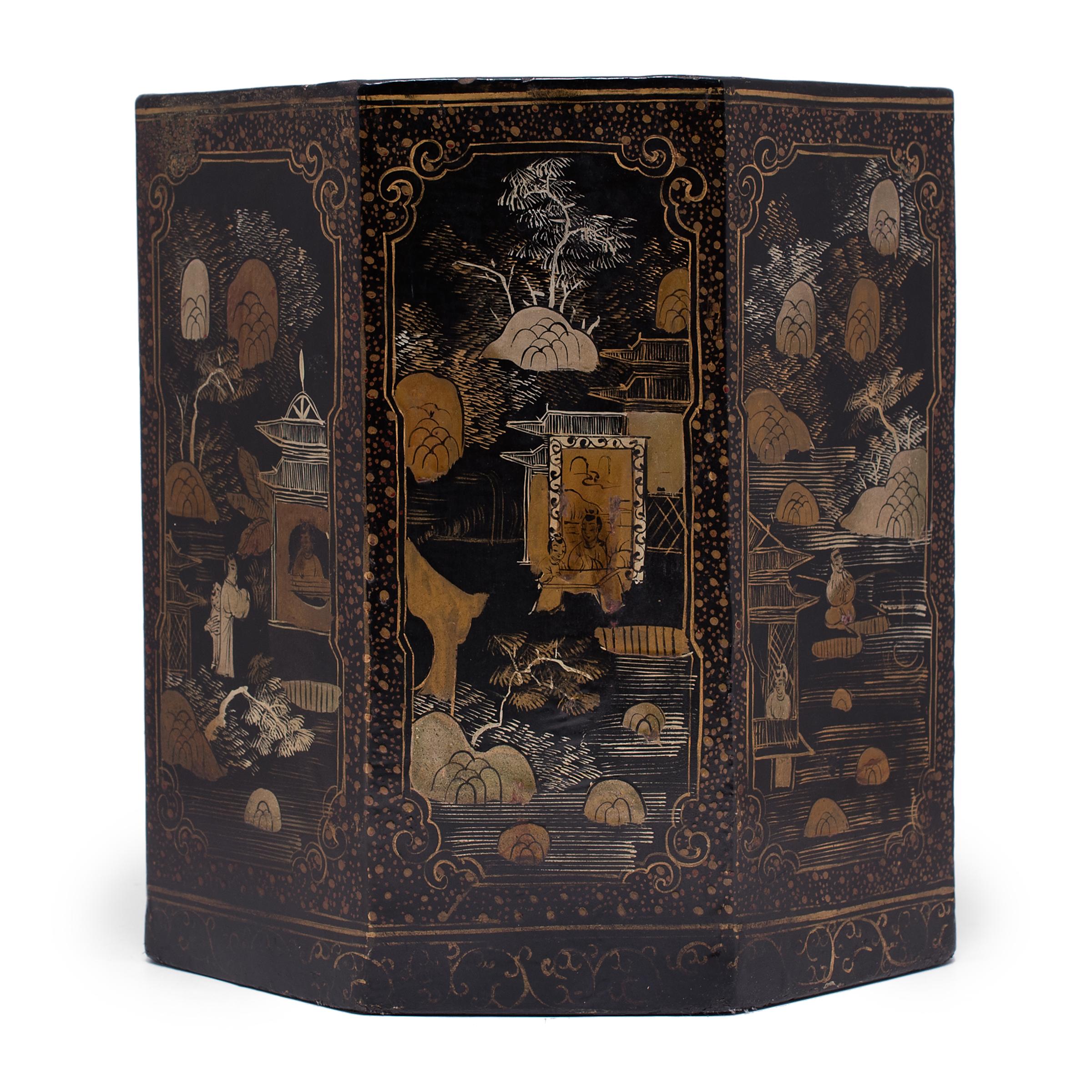Chinese Gilt Black Lacquer Scroll Pot, c. 1930 In Good Condition In Chicago, IL