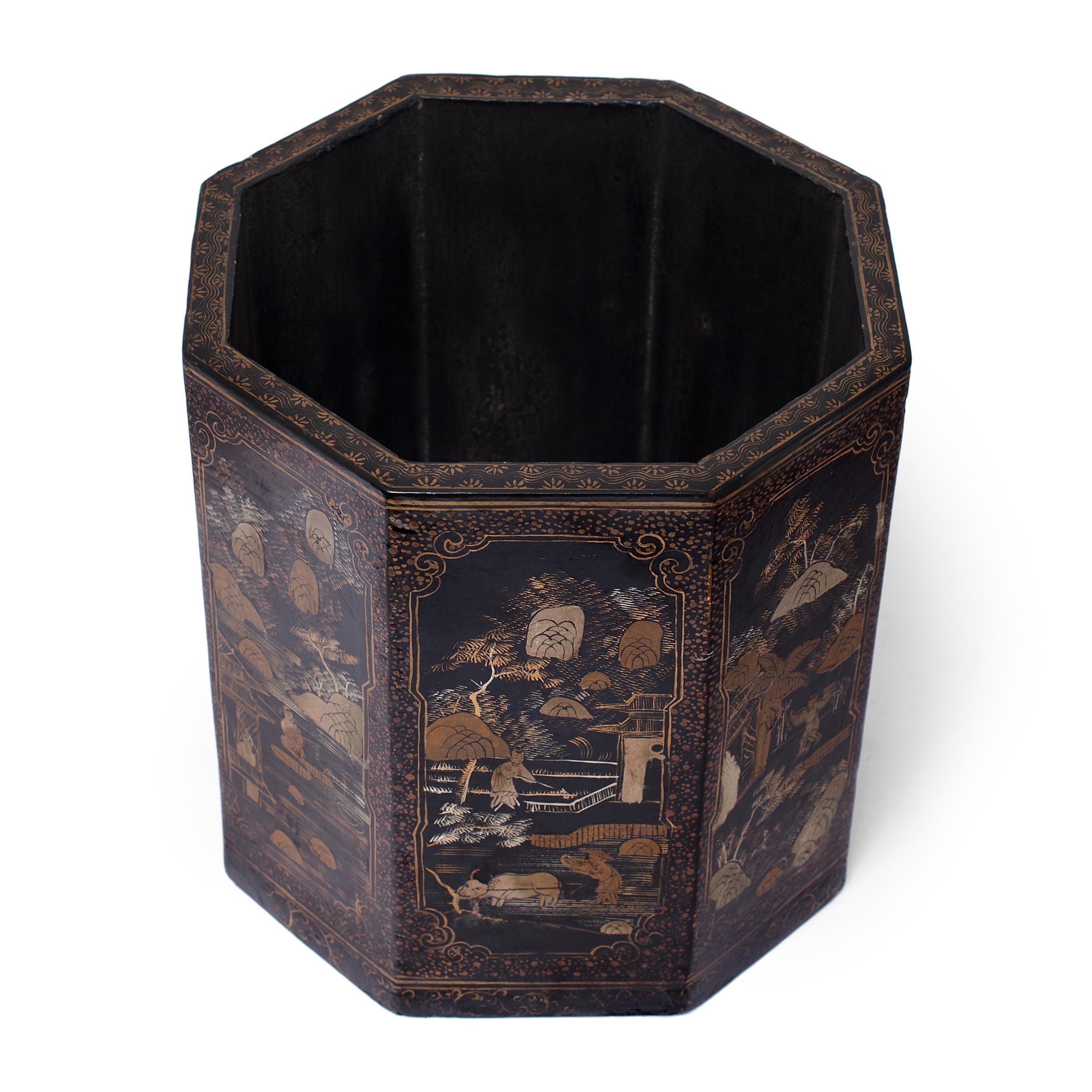 Mid-20th Century Chinese Gilt Black Lacquer Scroll Pot, c. 1930