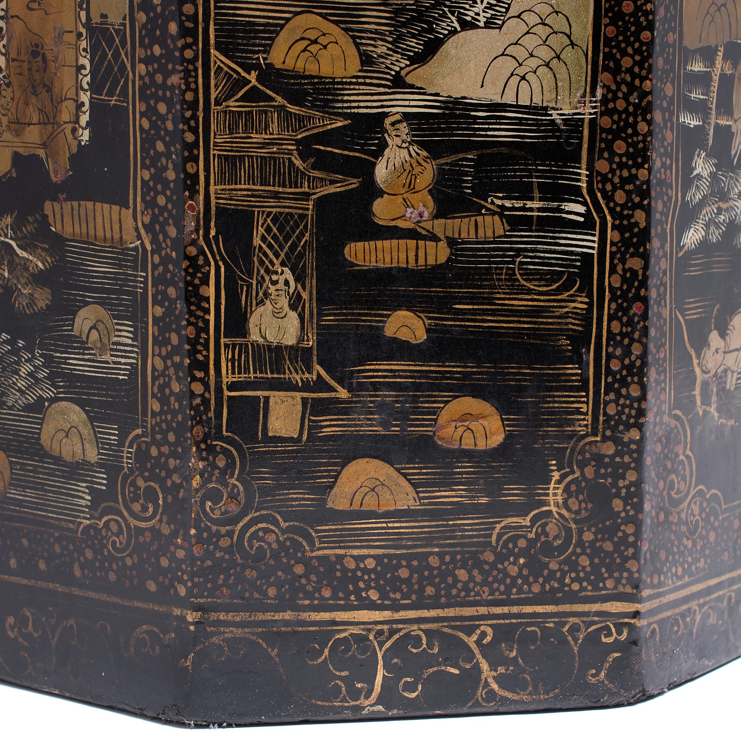 Wood Chinese Gilt Black Lacquer Scroll Pot, c. 1930