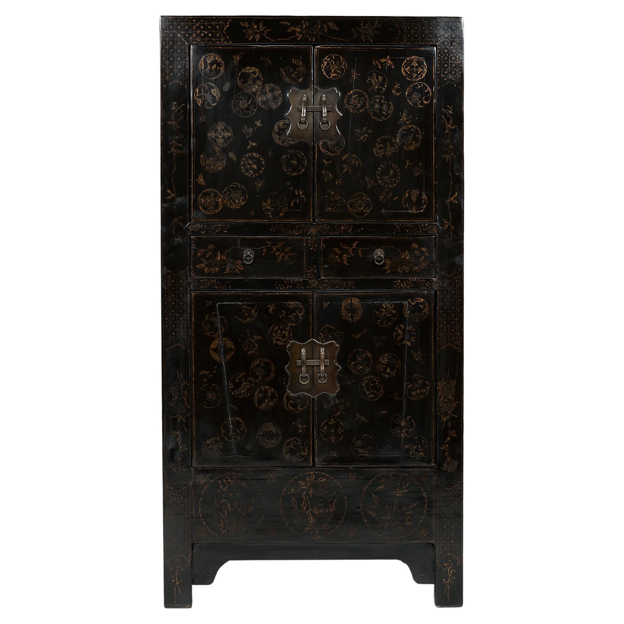 Chinese Gilt Black Lacquer Shanxi Cabinet, c. 1850 For Sale