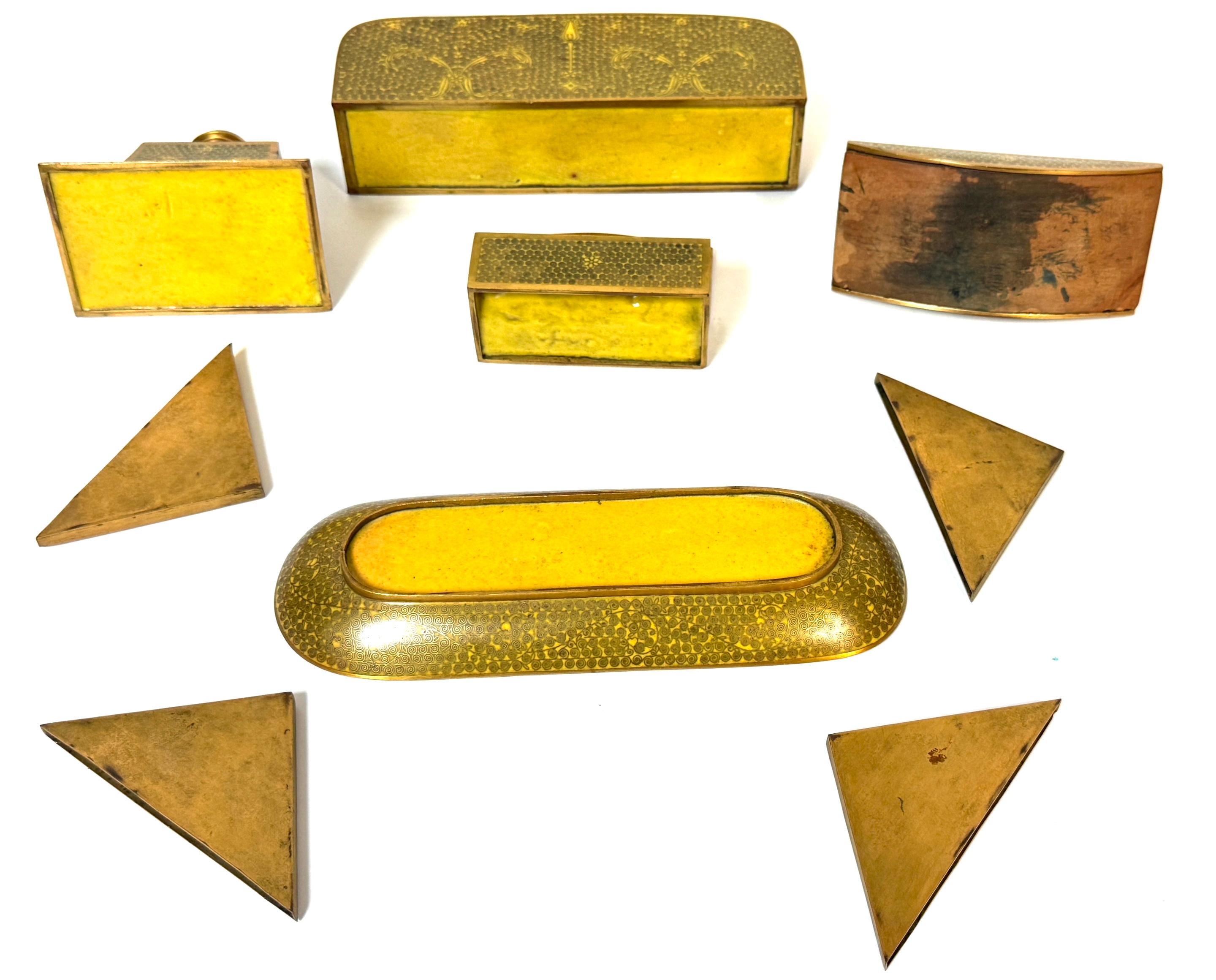 Chinese Gilt Brass Cloisonné “Scroll and Floral” Nine‑Piece Desk Set, 20th C For Sale 13