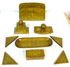 Chinese Gilt Brass Cloisonné “Scroll and Floral” Nine‑Piece Desk Set, 20th C