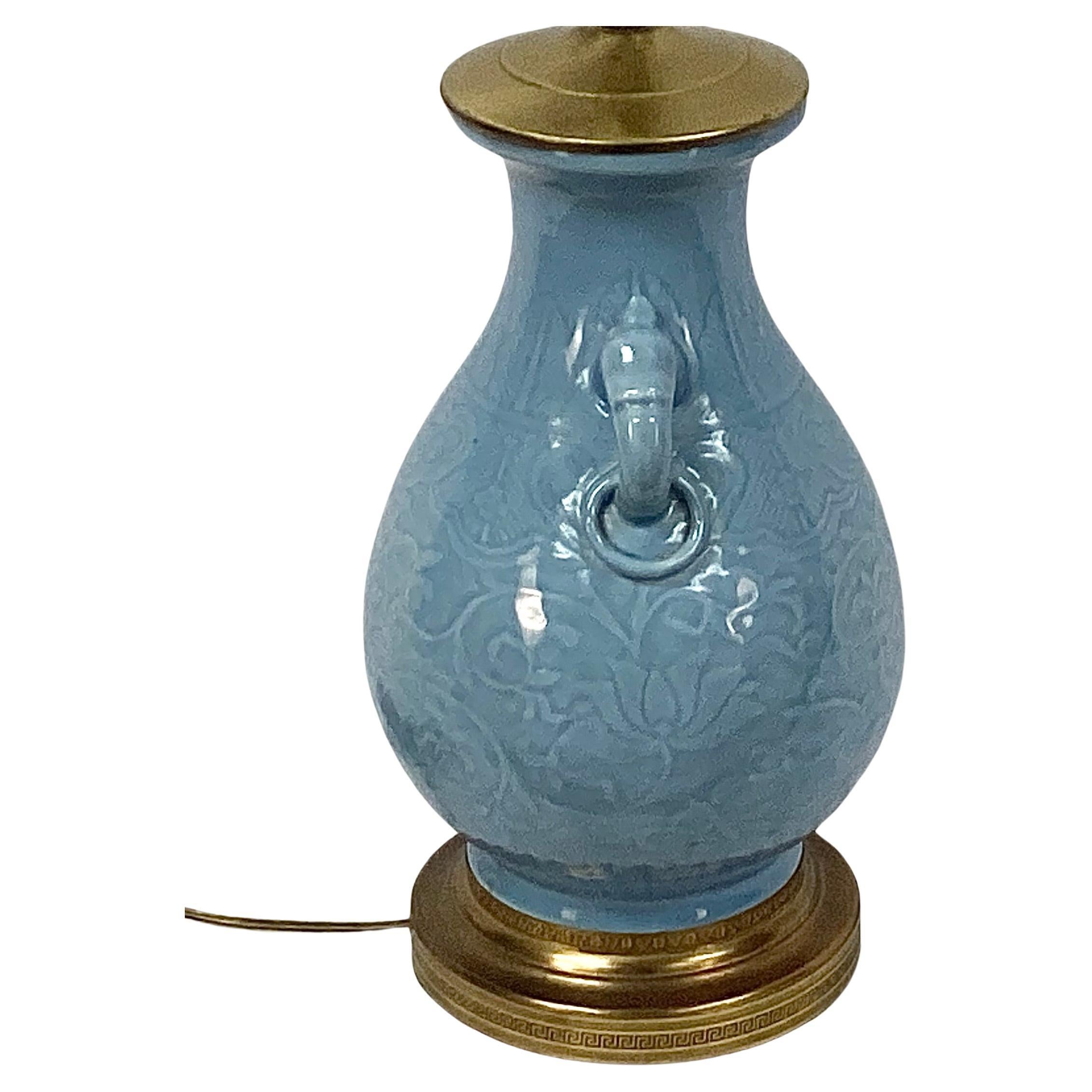  Chinese Gilt Brass Mounted Celadon Porcelain Lamp In Good Condition For Sale In Bradenton, FL