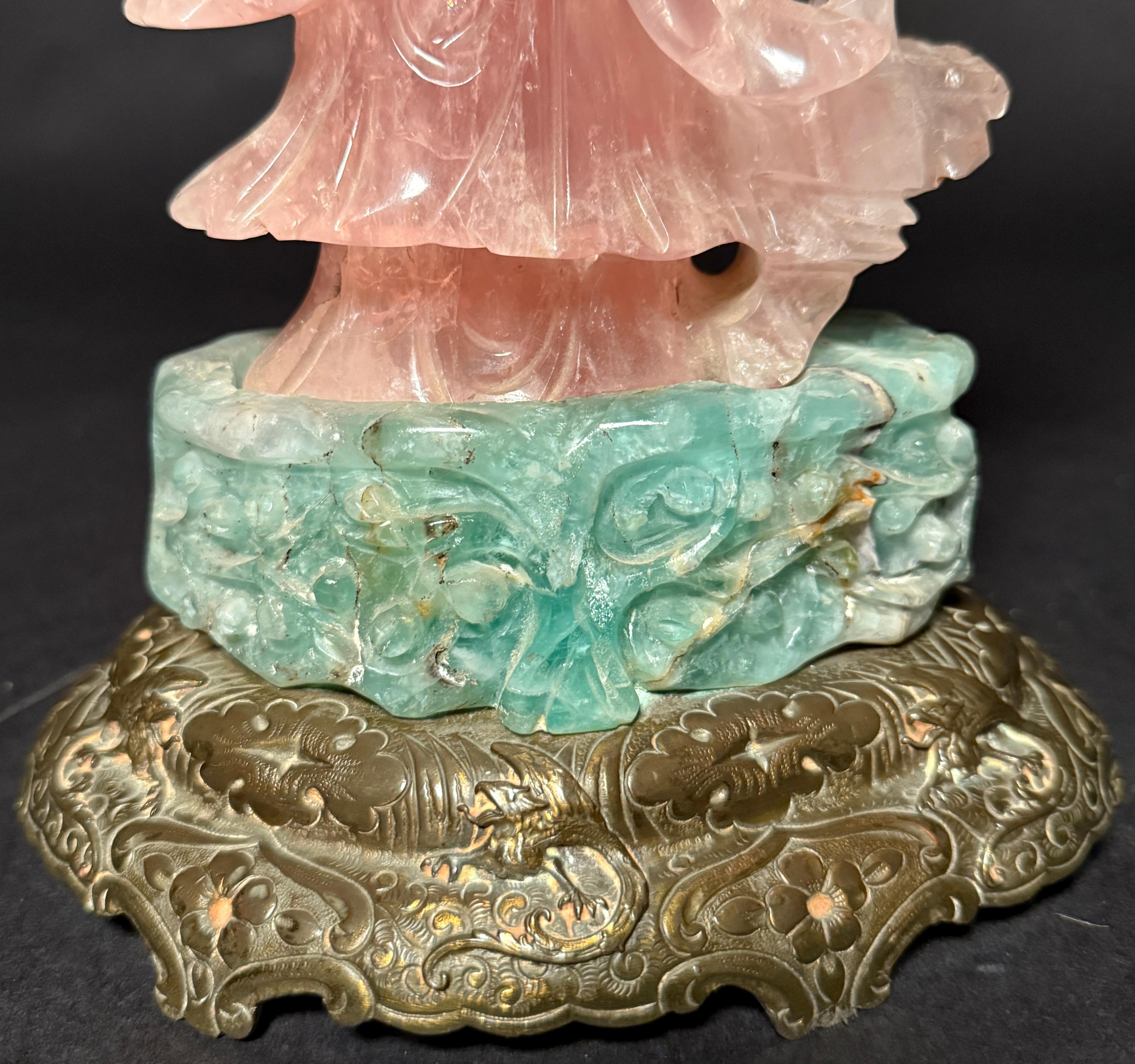 Hand-Carved Chinese Gilt Bronze Mounted Rose Quartz Lamp, circa 1890 For Sale