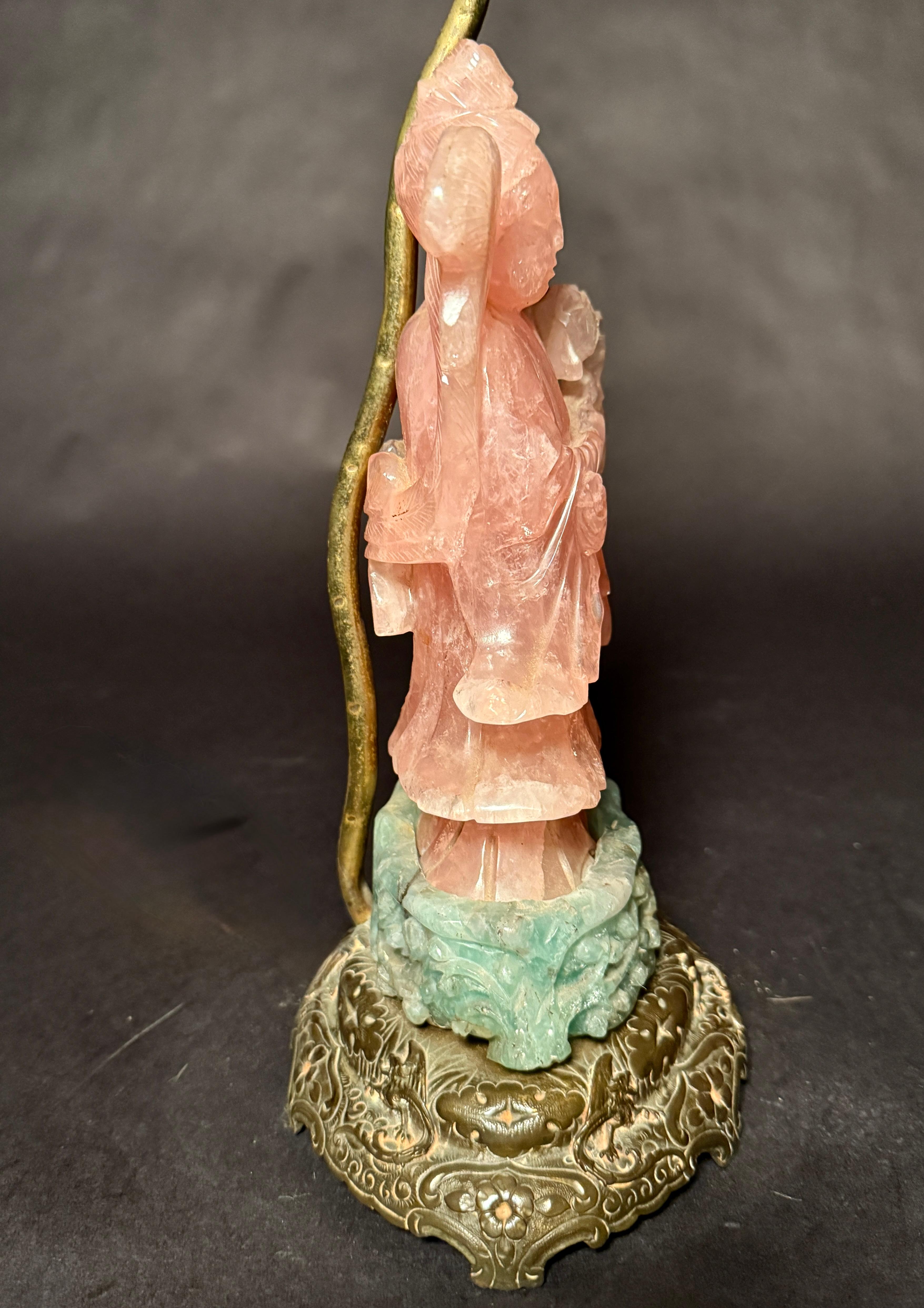Chinese Gilt Bronze Mounted Rose Quartz Lamp, circa 1890 In Good Condition For Sale In Norwood, NJ
