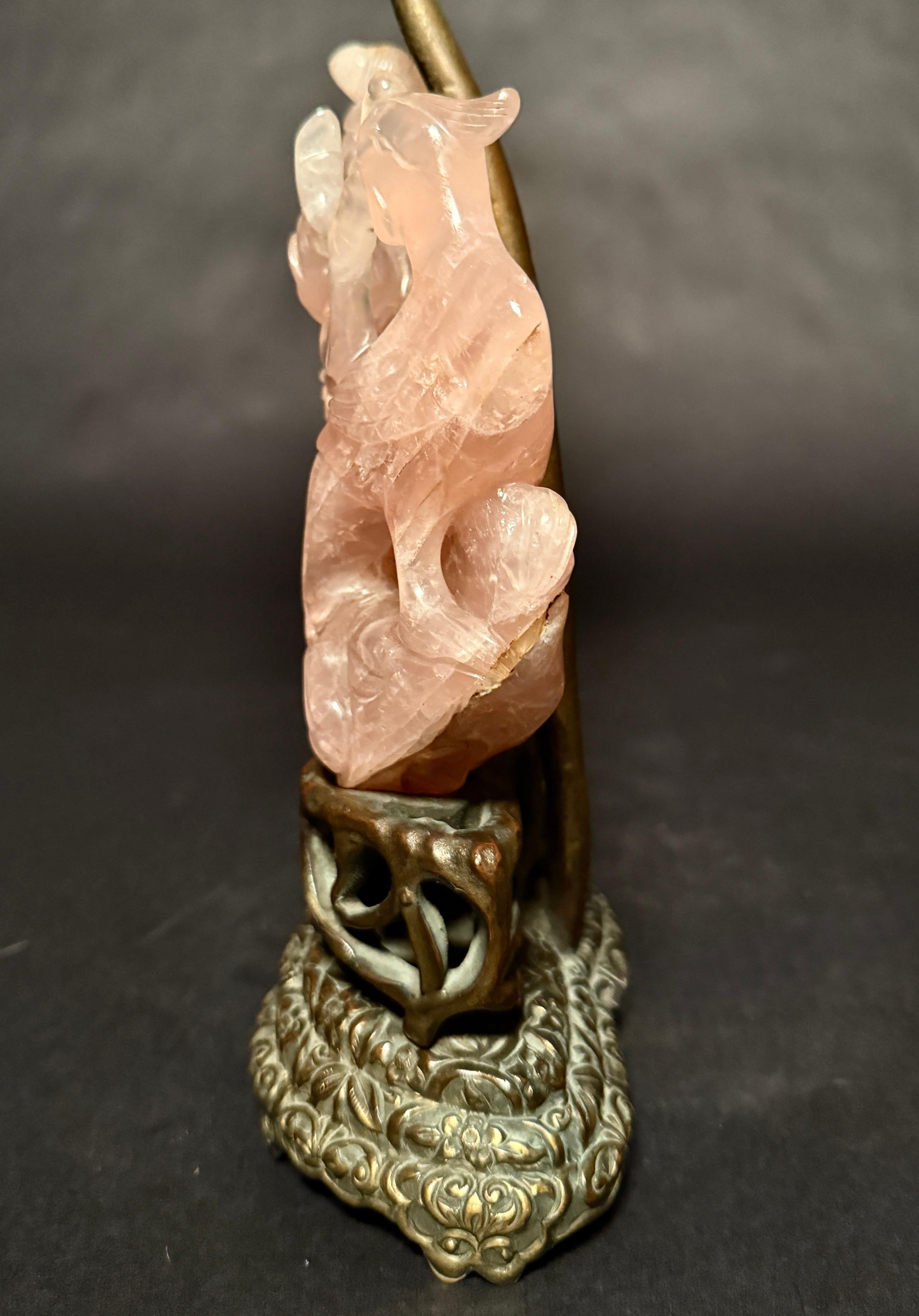 XIX secolo Lampada cinese in bronzo dorato con quarzo rosa, 1890 circa in vendita