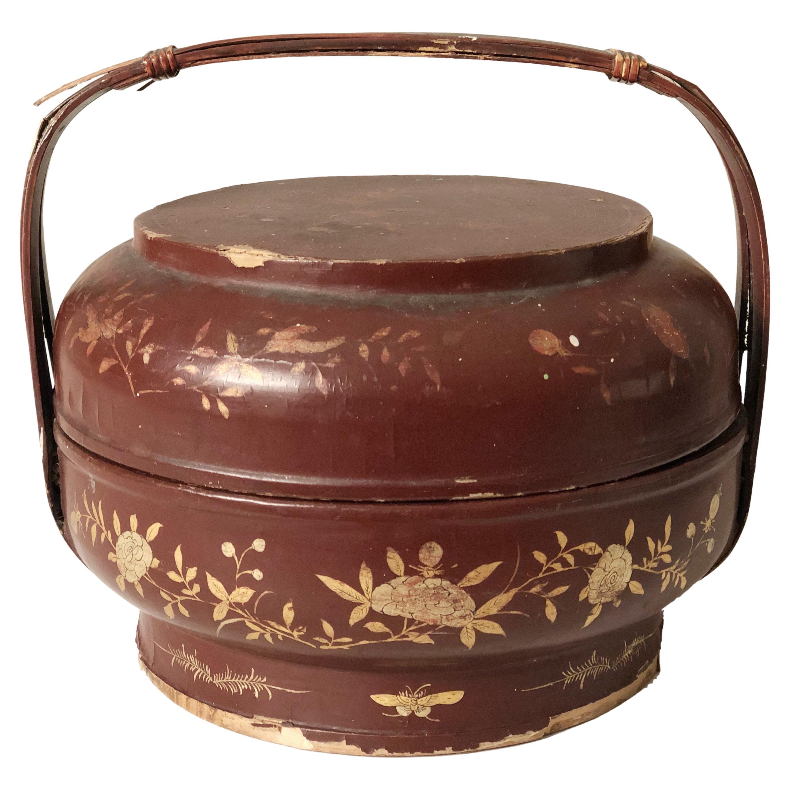 Chinese Gilt Burgundy Lacquer Carrying Box, c. 1900 For Sale