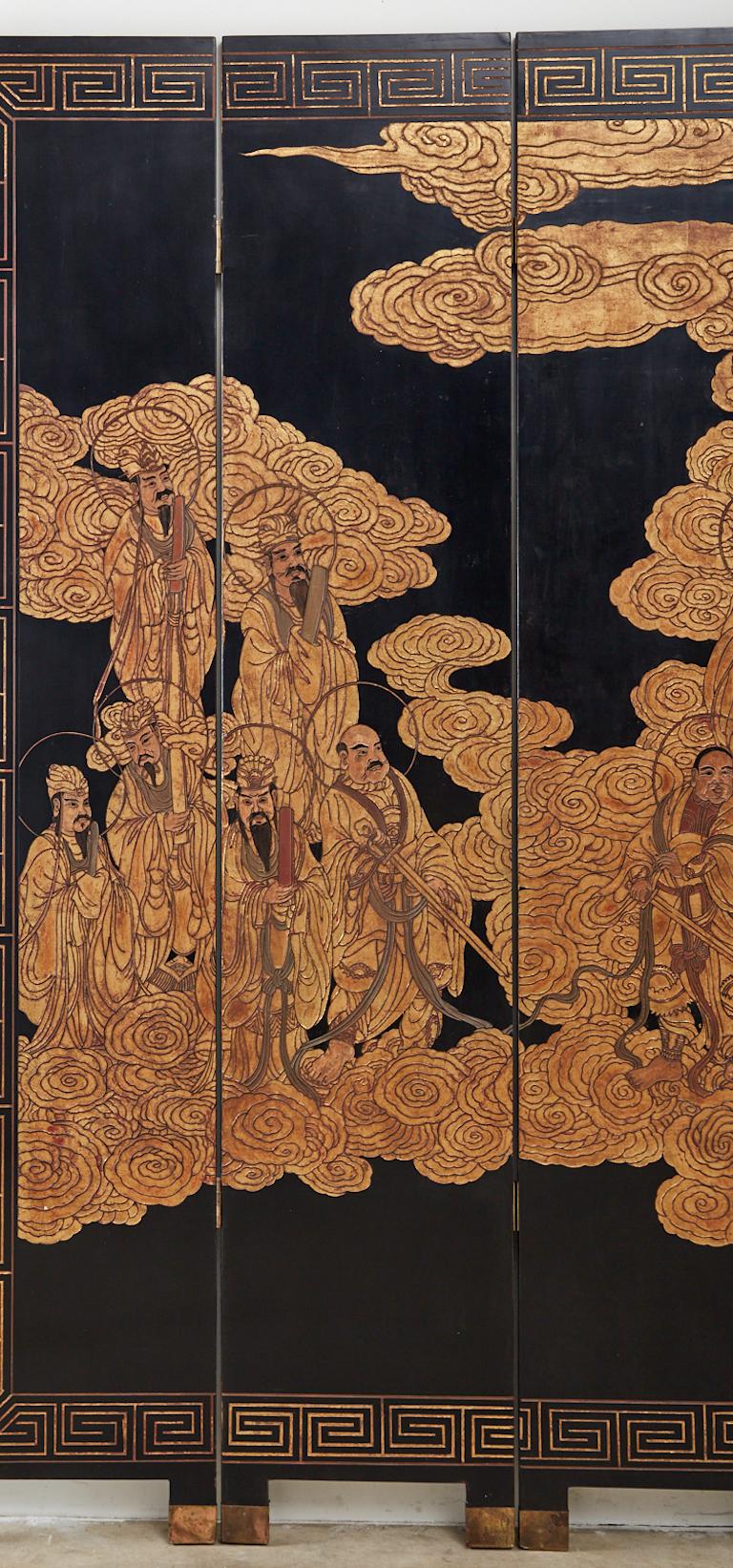 Brass Chinese Gilt Coromandel Eight-Panel Screen Immortals Sky Gods For Sale