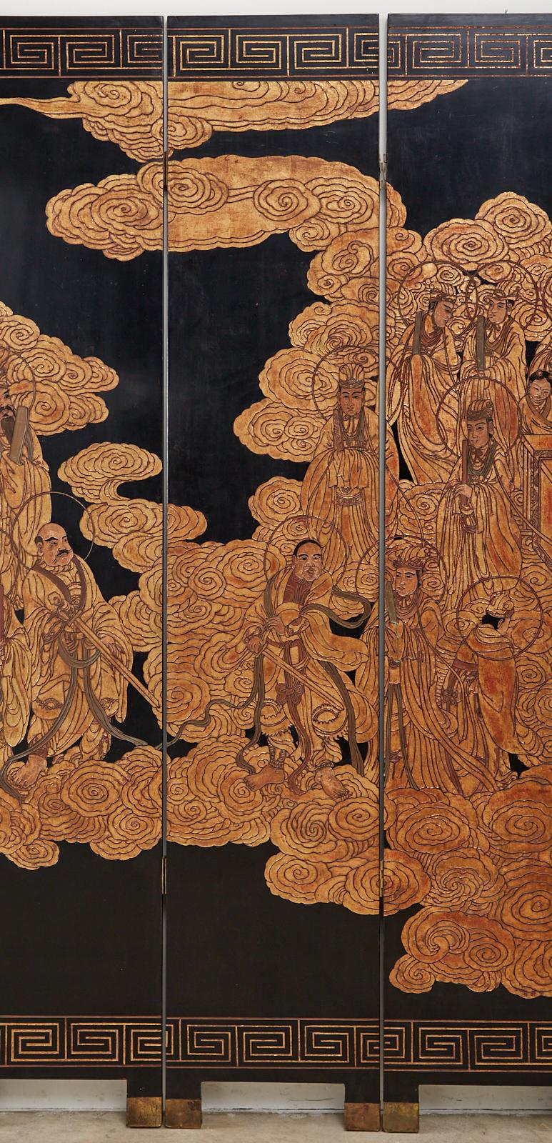 Lacquered 20th Century Chinese Gilt Coromandel Eight-Panel Screen Immortals Sky Gods For Sale