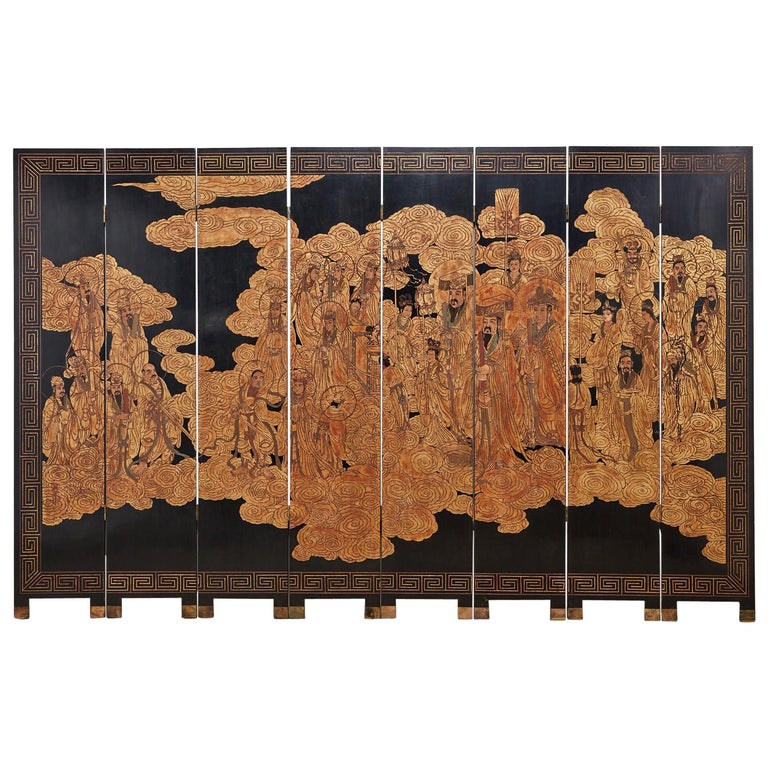 Chinese Gilt Coromandel Eight-Panel Screen Immortals Sky Gods For Sale