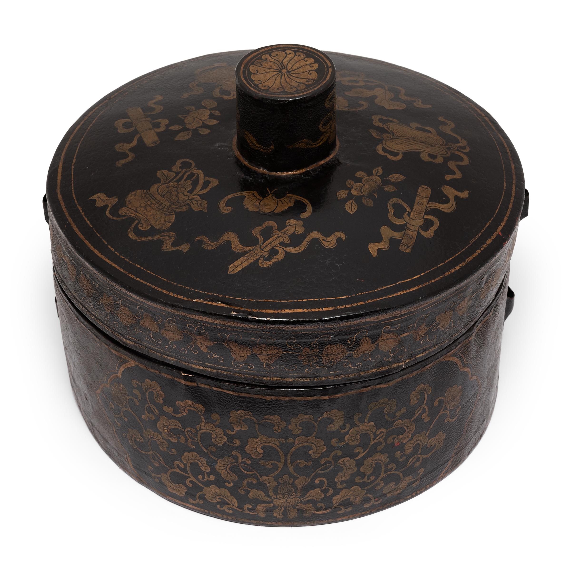 Lacquered Chinese Gilt Eight Immortals Hat Box, c. 1900