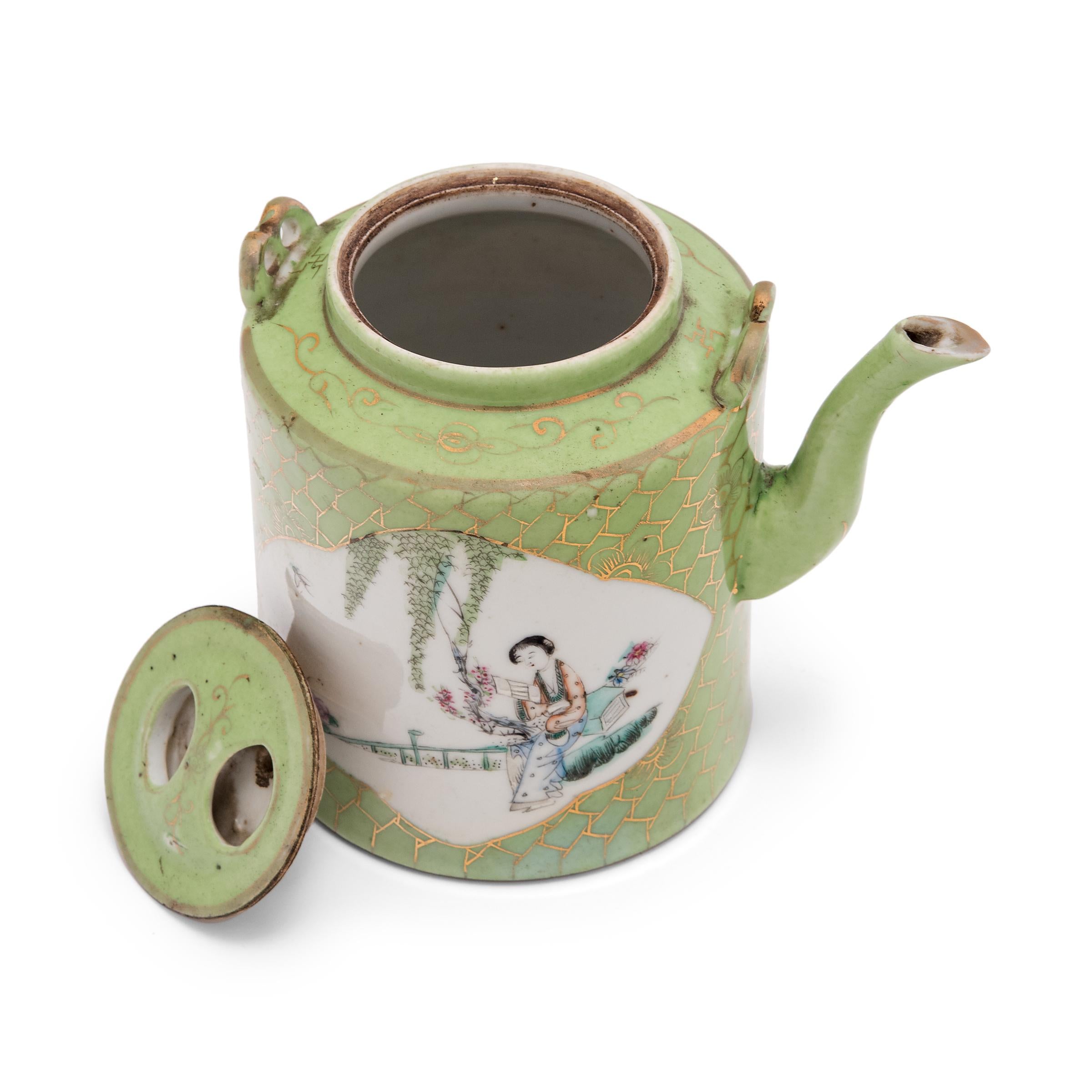 Porcelain Chinese Gilt Green Glazed Teapot, c. 1900 For Sale