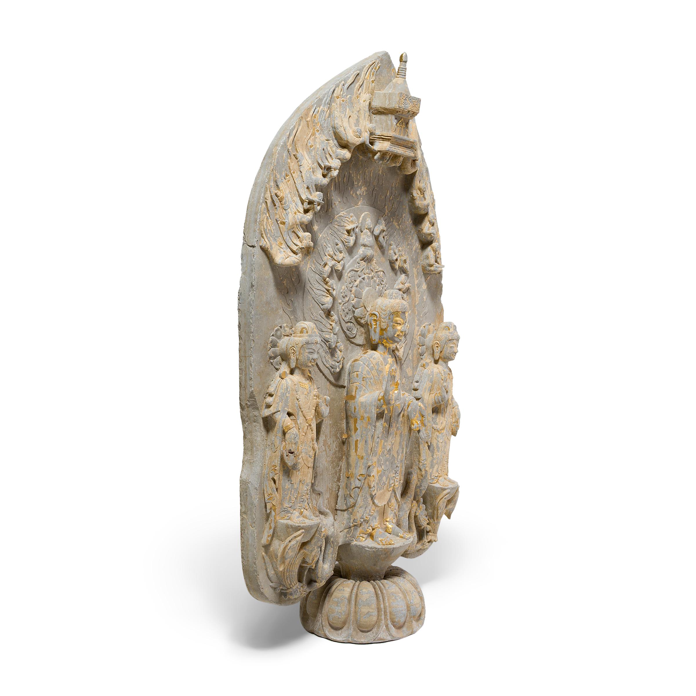 Hand-Painted Chinese Gilt Limestone Stele of Maitreya Buddha For Sale