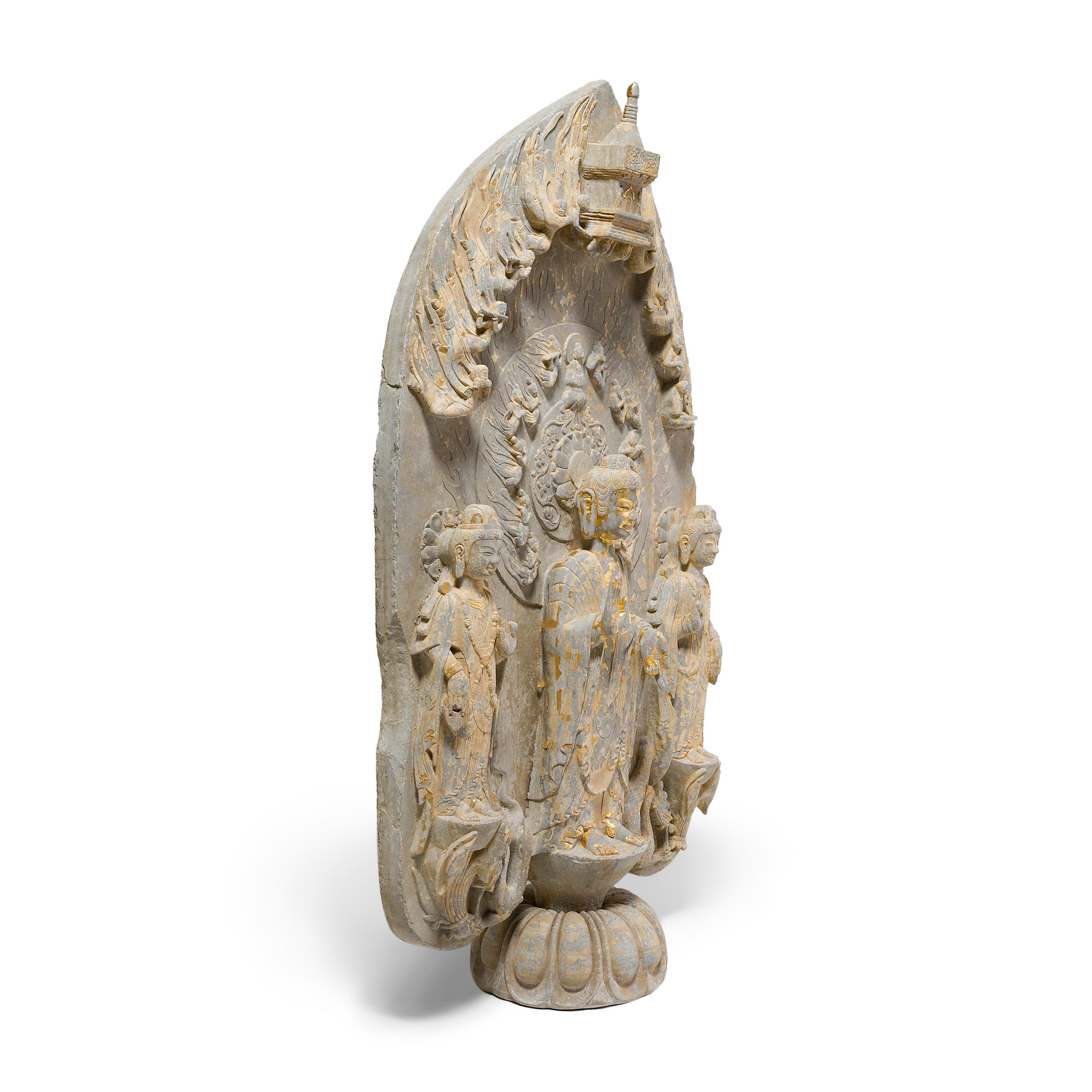 Estela china de piedra caliza dorada del Buda Maitreya en Bueno estado para la venta en Chicago, IL
