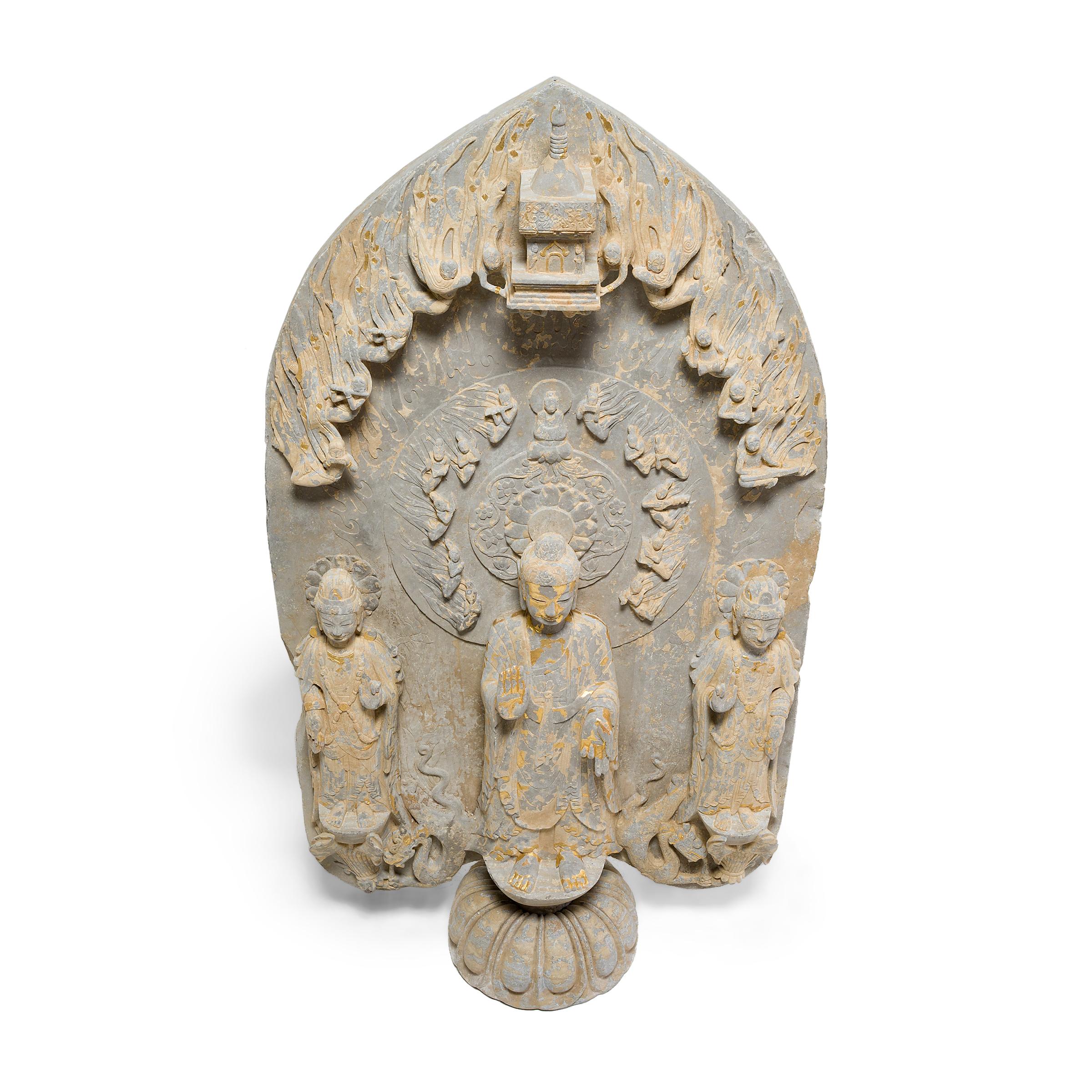 Estela china de piedra caliza dorada del Buda Maitreya siglo XX en venta